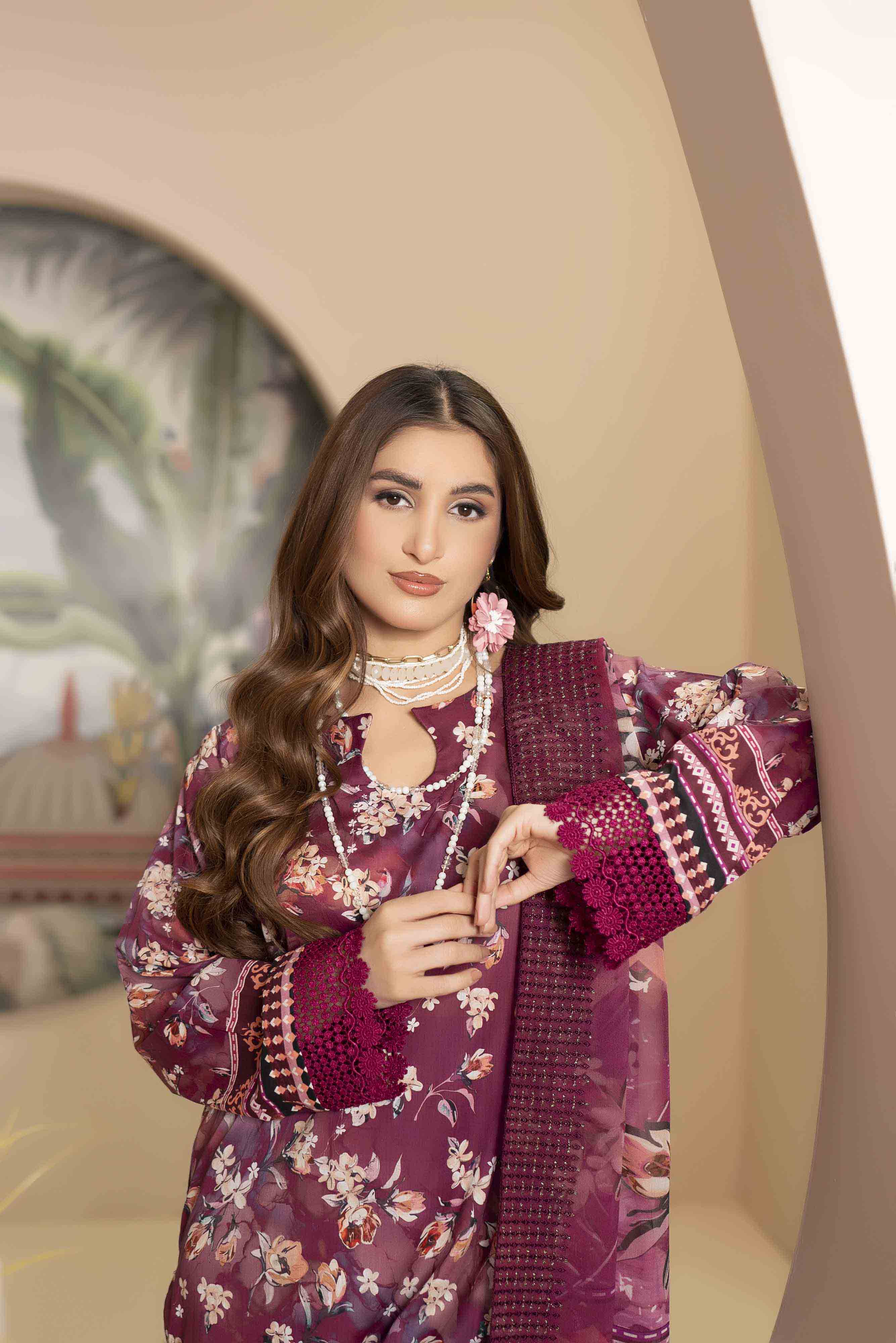 Luxury Plum Embroidered Lawn Set