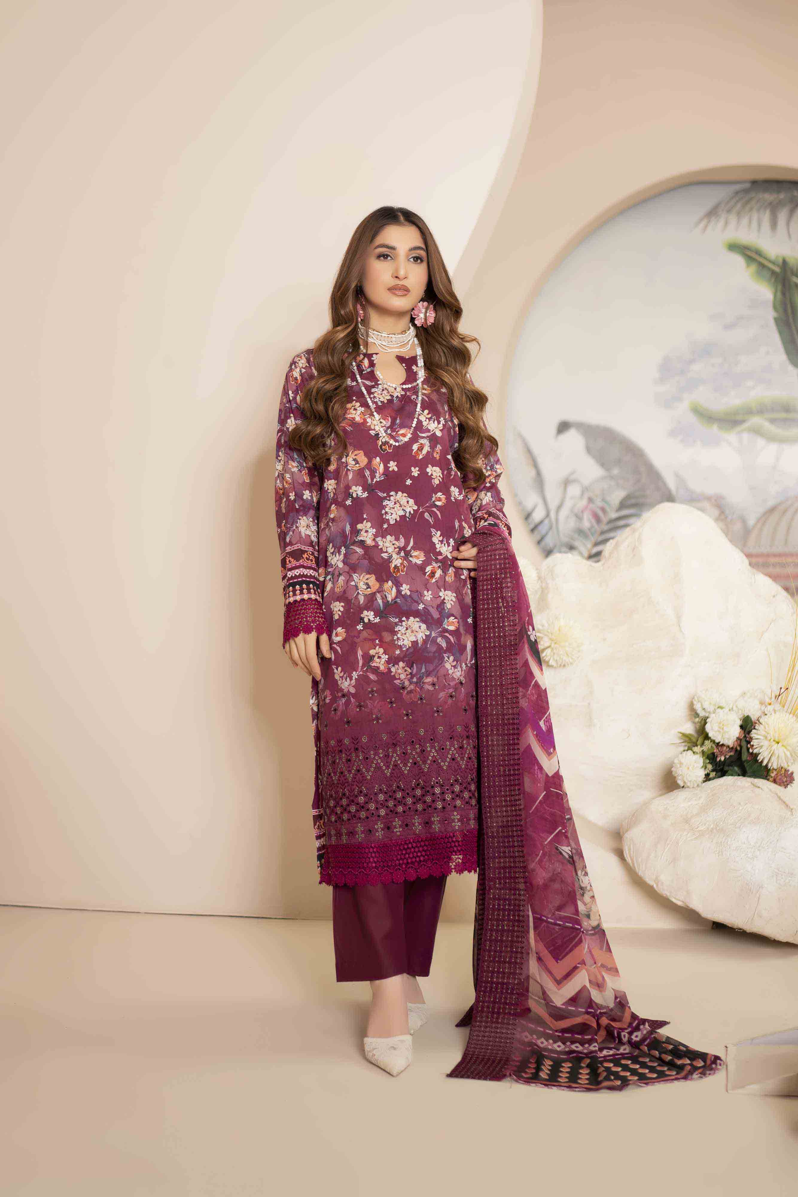 Luxury Plum Embroidered Lawn Set