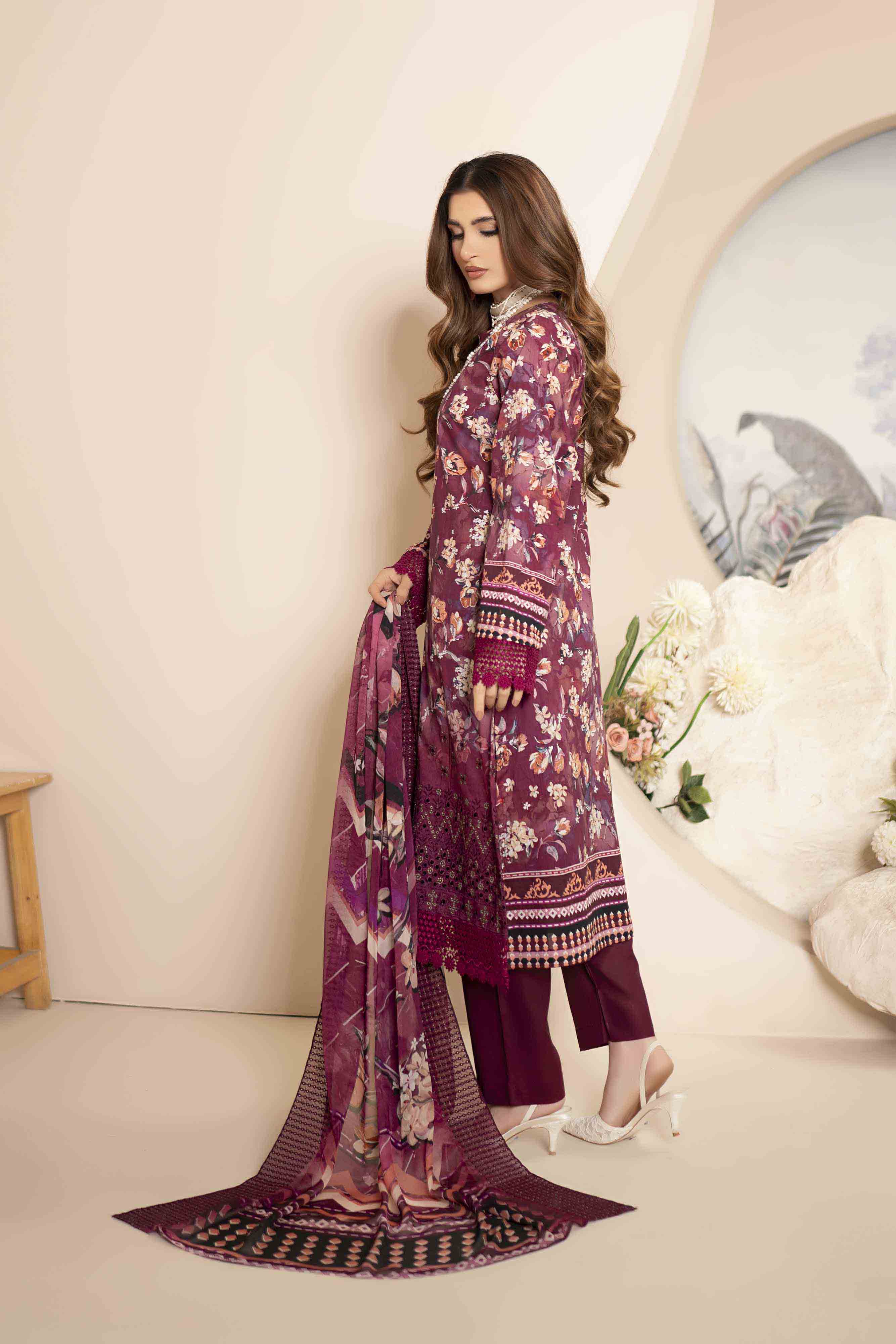 Luxury Plum Embroidered Lawn Set