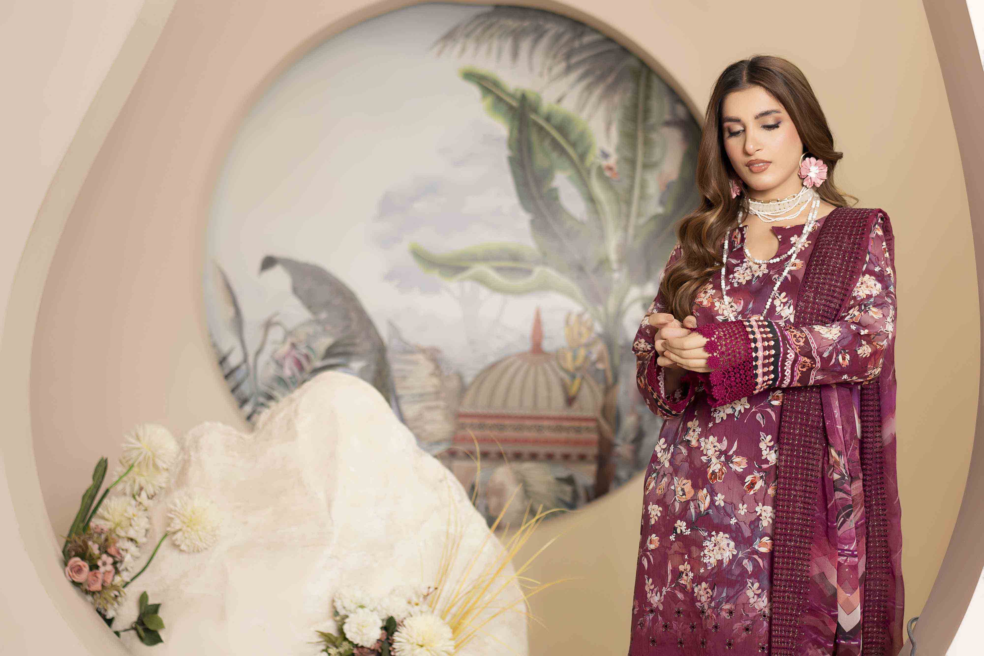 Luxury Plum Embroidered Lawn Set