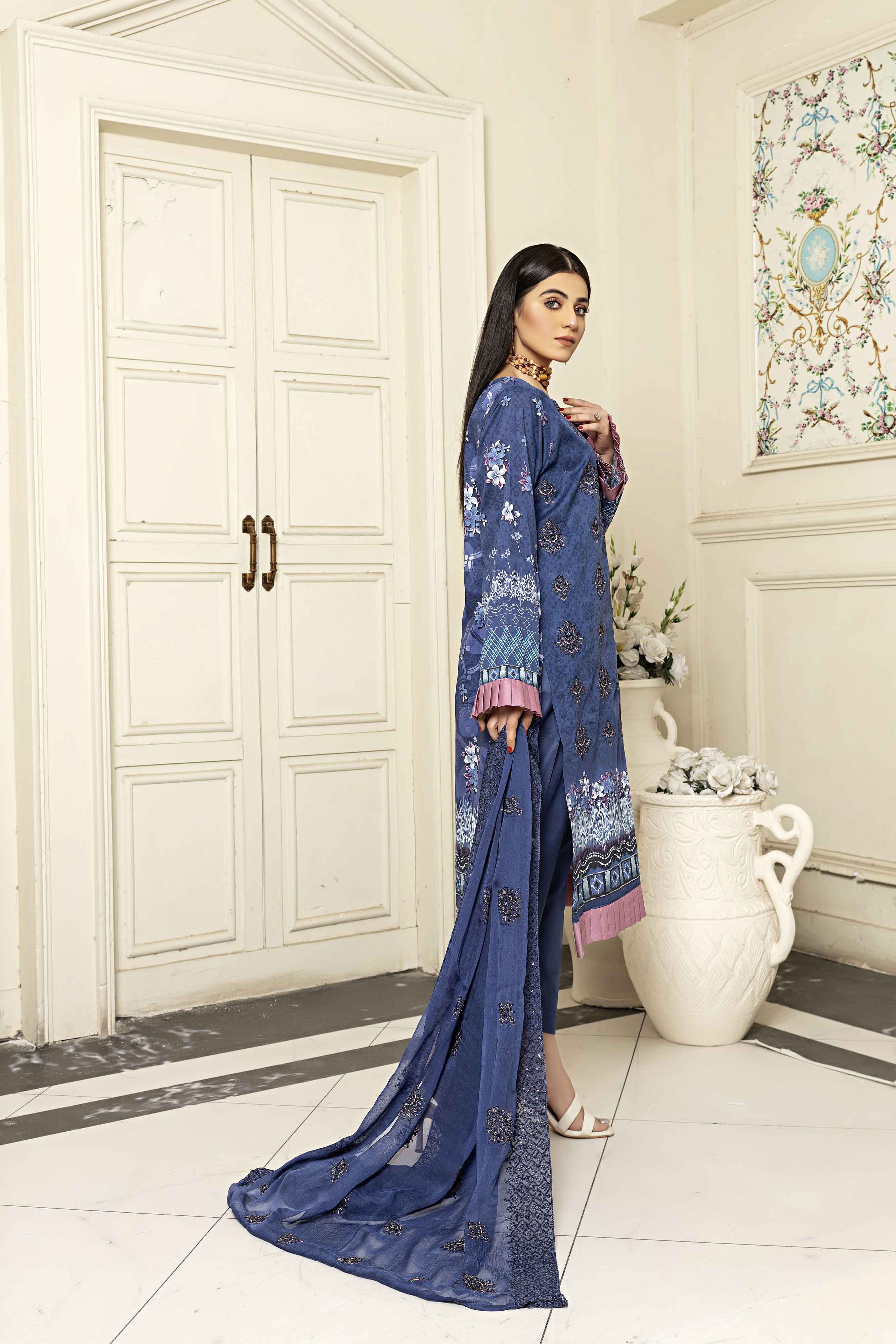 DEEP BLUE PRINTED EMBROIDERED 3 PCS LAWN SET