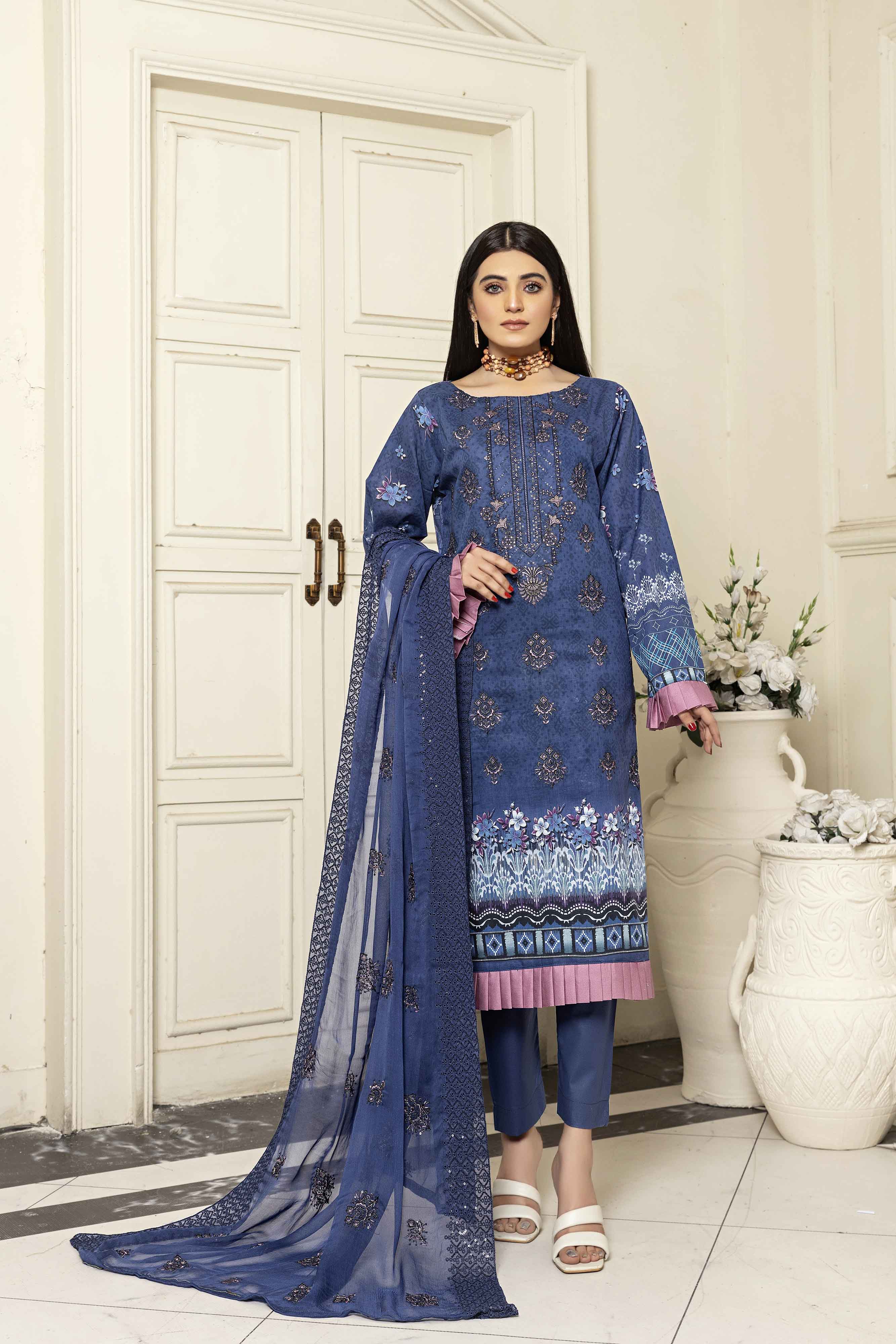 DEEP BLUE PRINTED EMBROIDERED 3 PCS LAWN SET