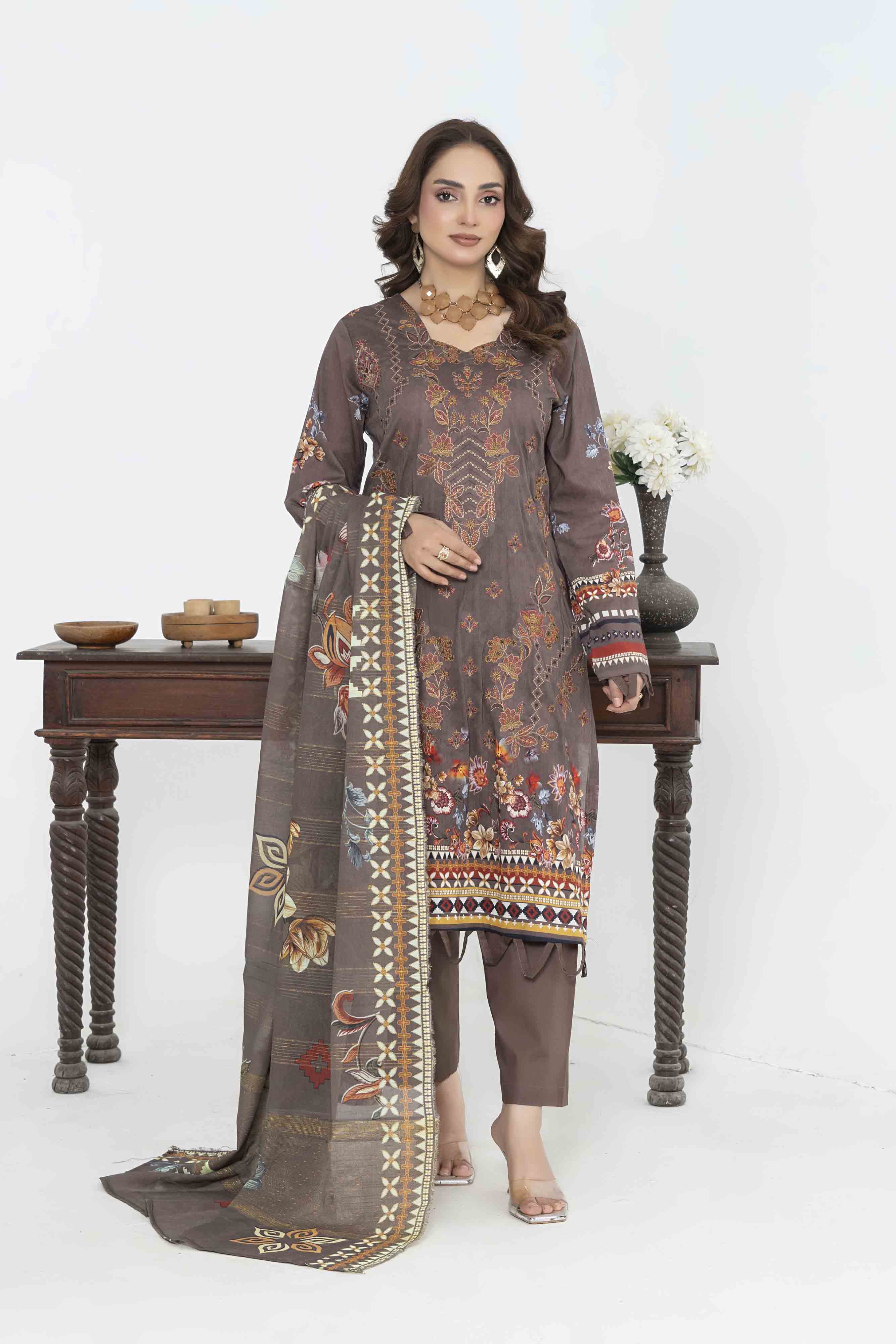 Luxury Dark Brown Printed Embroidered 3 Pcs Lawn Set