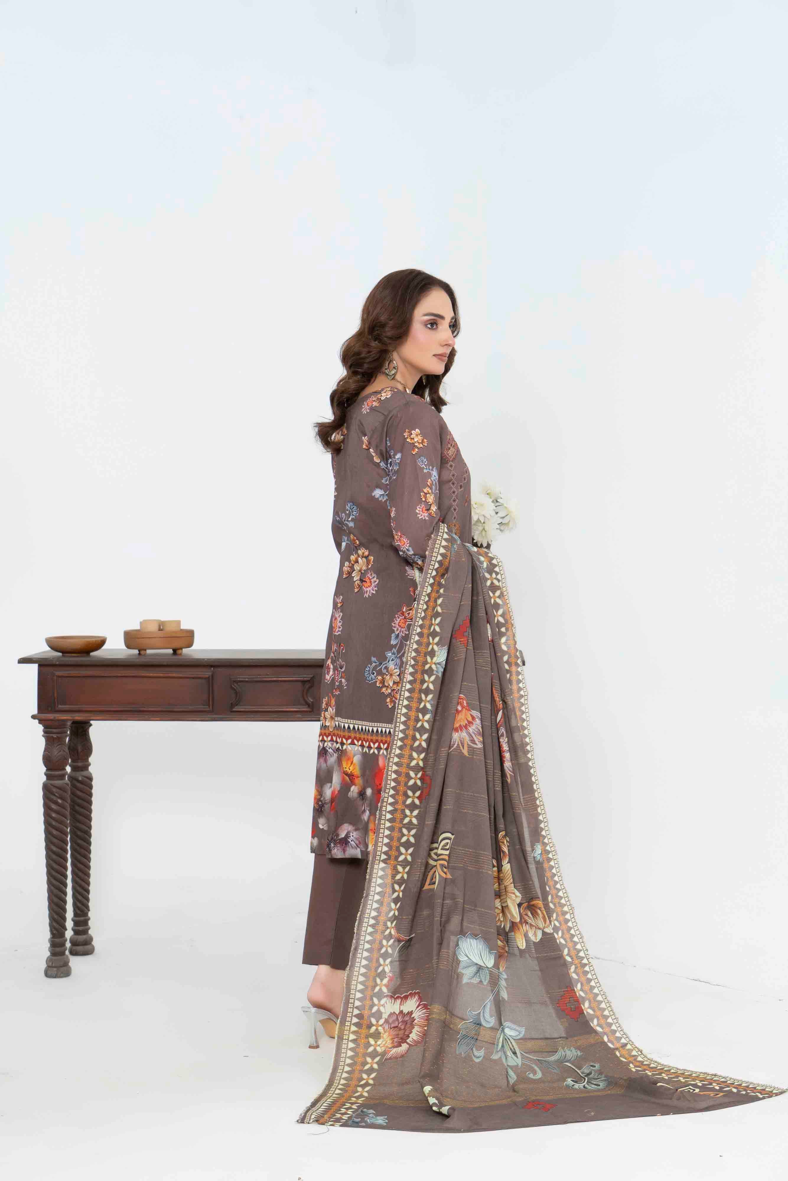 Luxury Dark Brown Printed Embroidered 3 Pcs Lawn Set