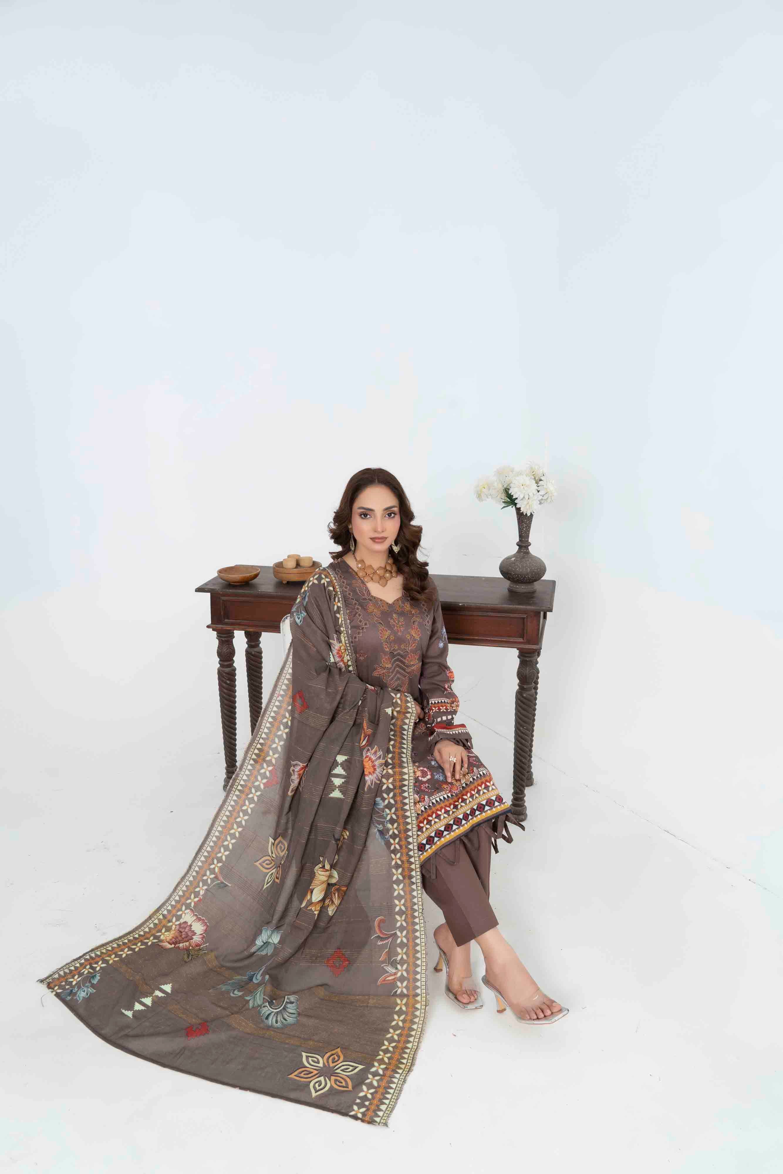 Luxury Dark Brown Printed Embroidered 3 Pcs Lawn Set