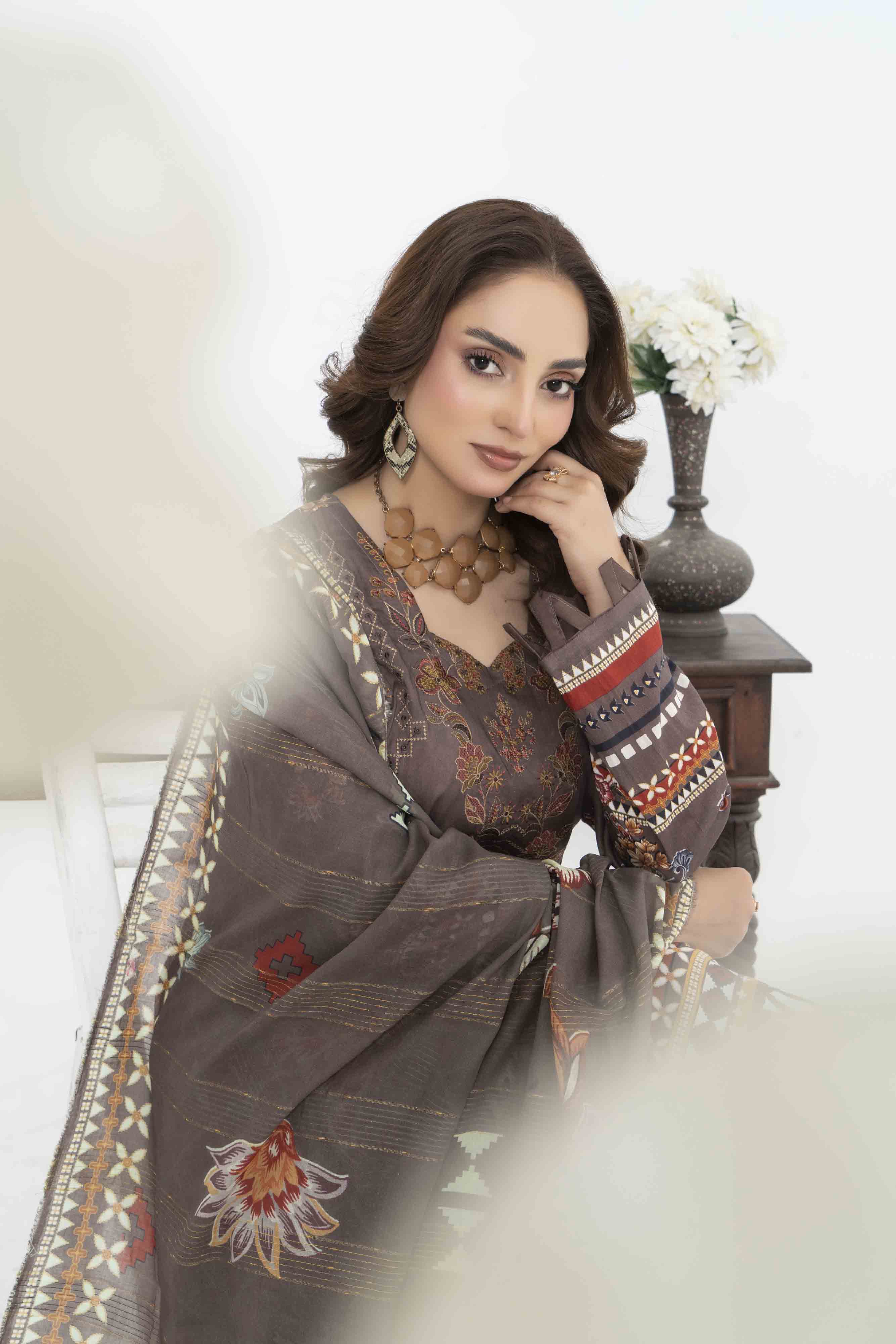 Luxury Dark Brown Printed Embroidered 3 Pcs Lawn Set