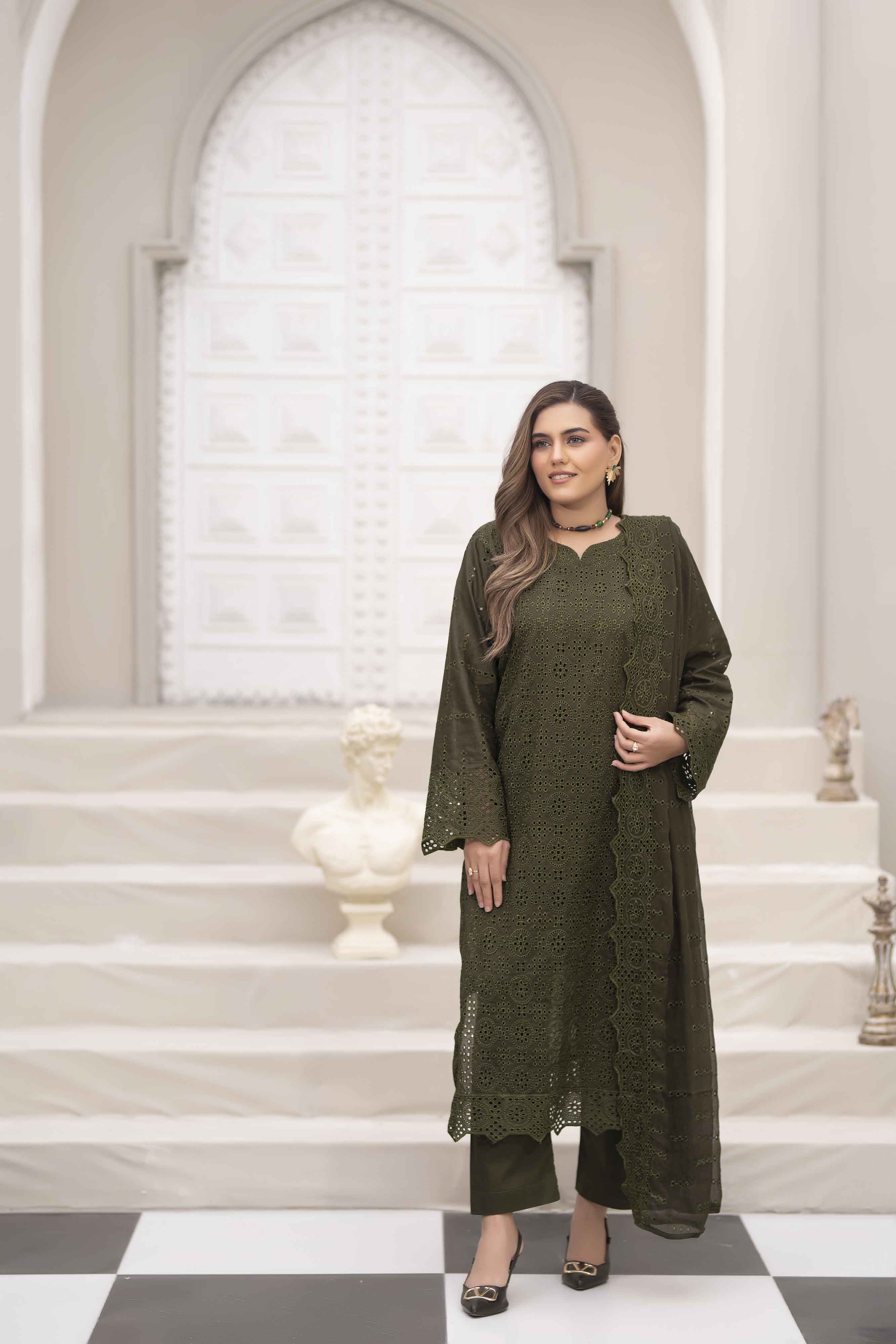 Deep Green 3 Pcs Schiffli Embroidered Luxury Lawn Set