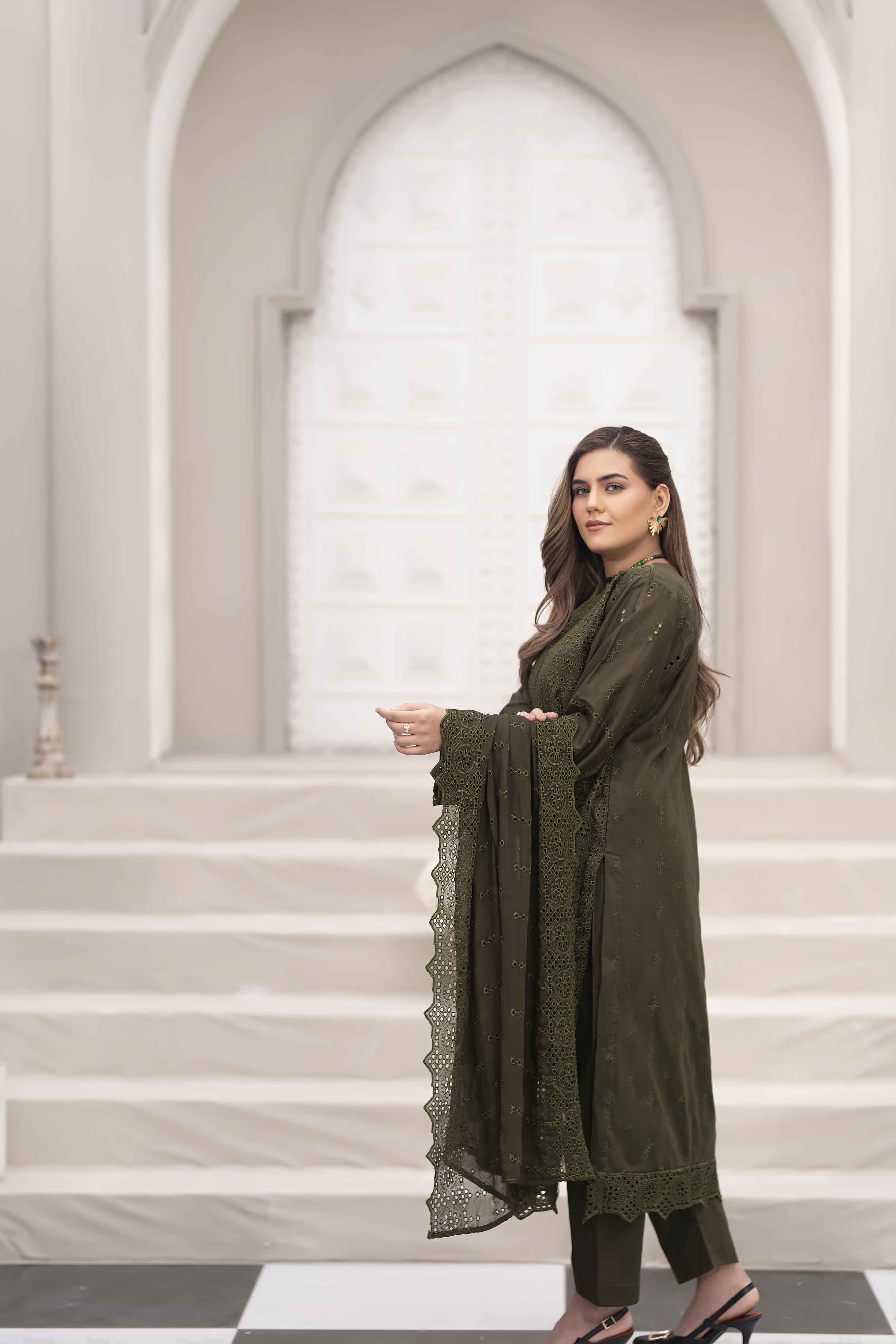 Deep Green 3 Pcs Schiffli Embroidered Luxury Lawn Set