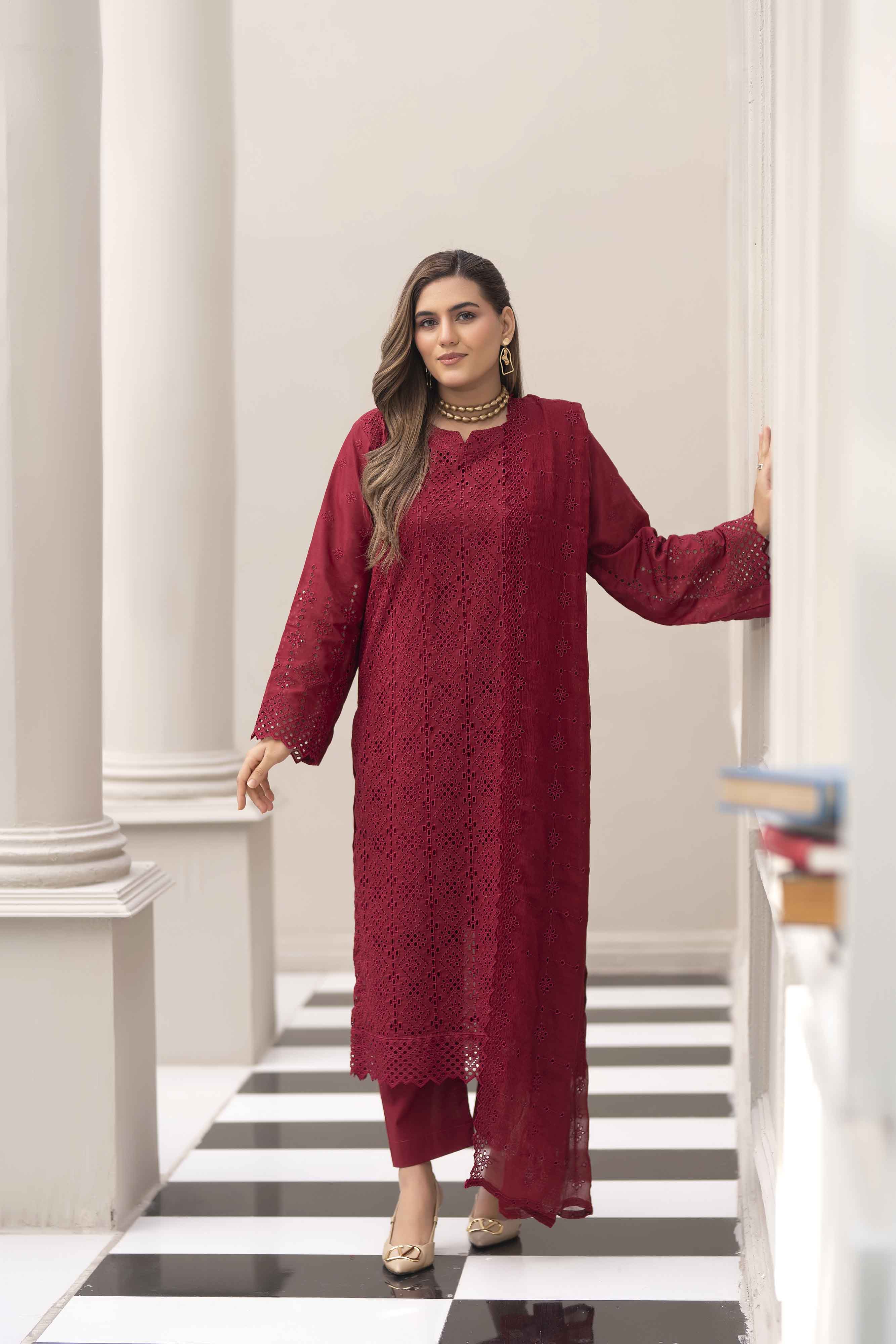 Deep Pink 3 Pcs Schiffli Embroidered Luxury Lawn Set