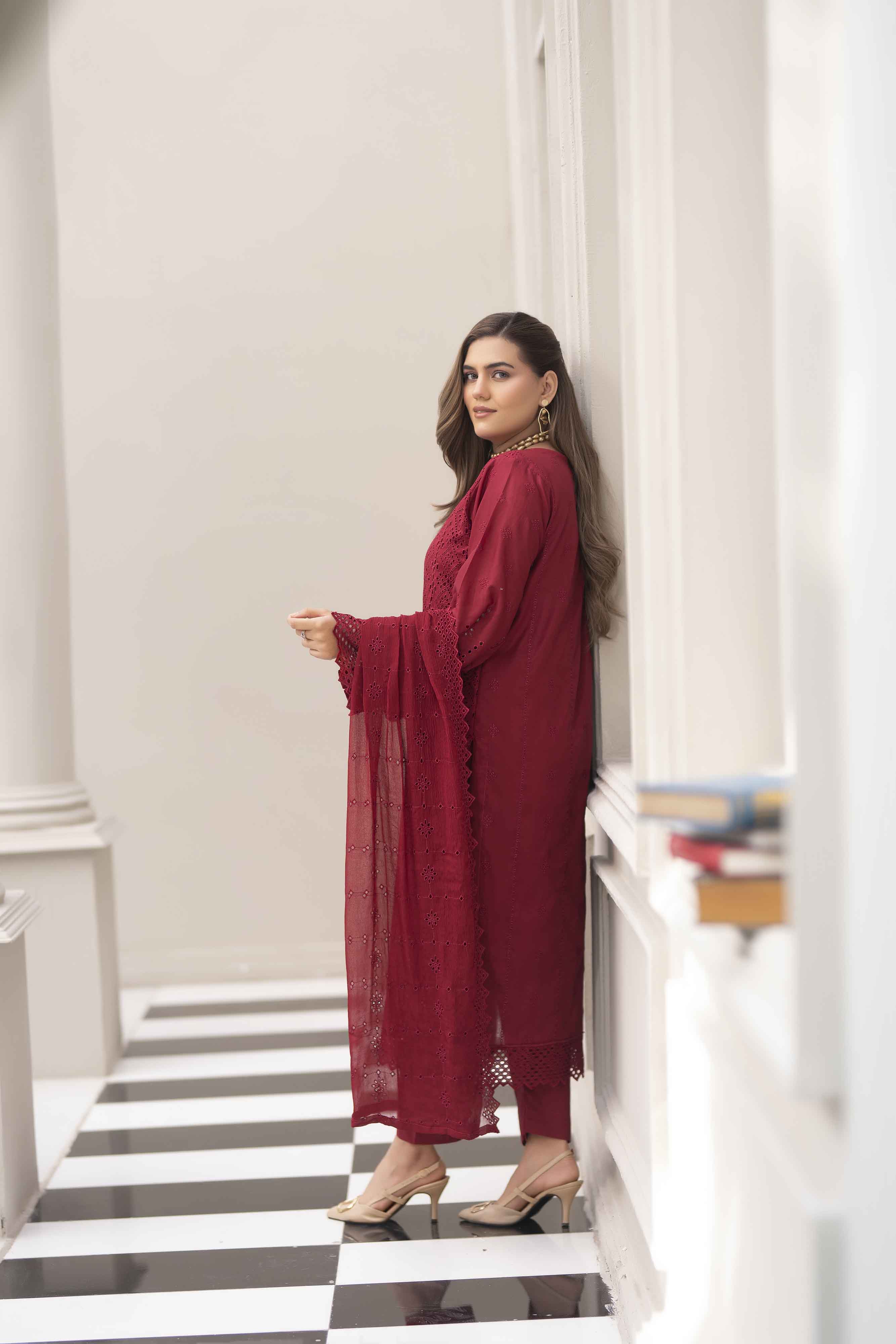 Deep Pink 3 Pcs Schiffli Embroidered Luxury Lawn Set