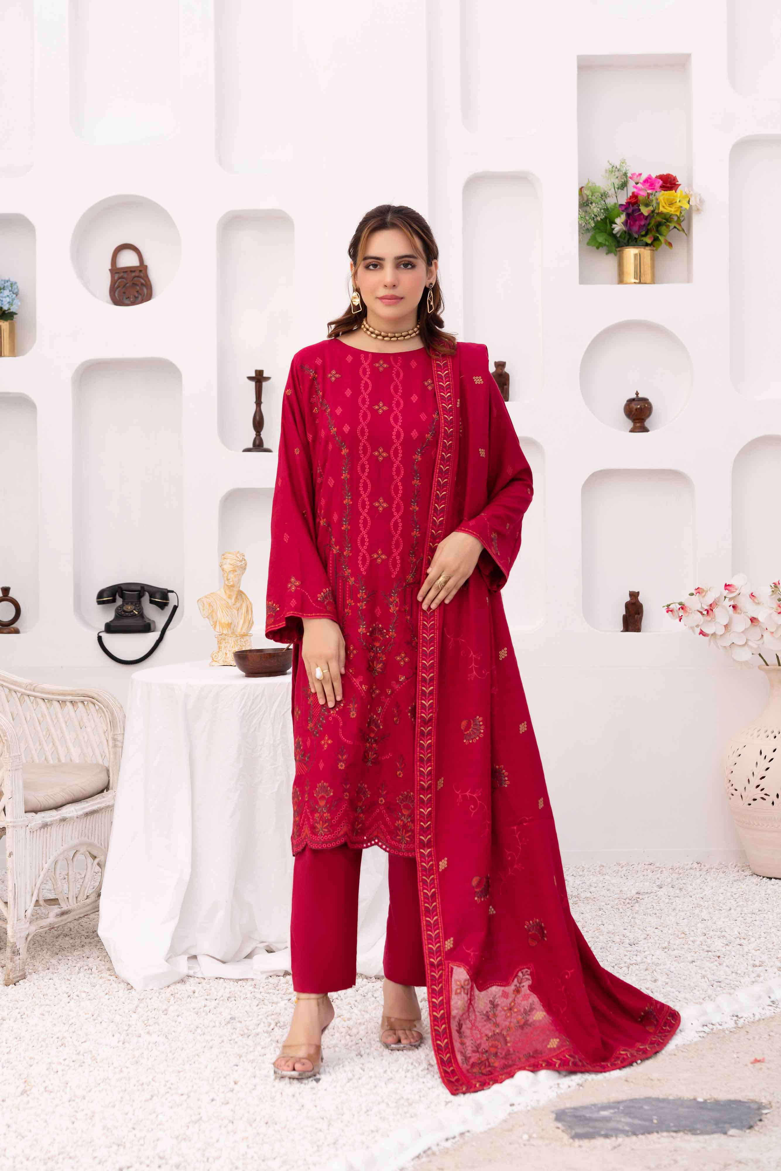 Deep Pink 3 pcs Embroidered Dhanak Dora Set