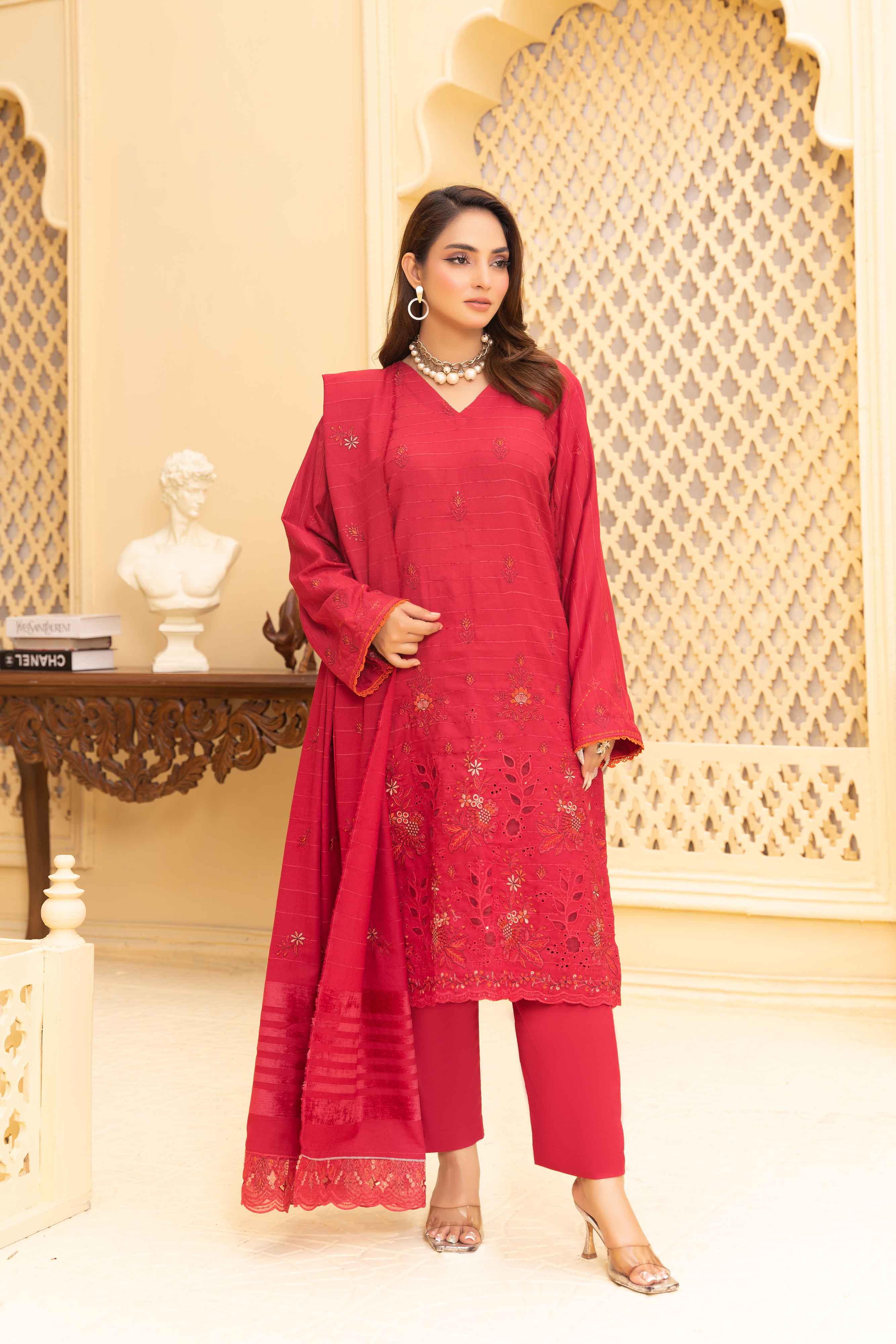 Deep Pink 3 Pcs Dhanak Embroidered Applique suit