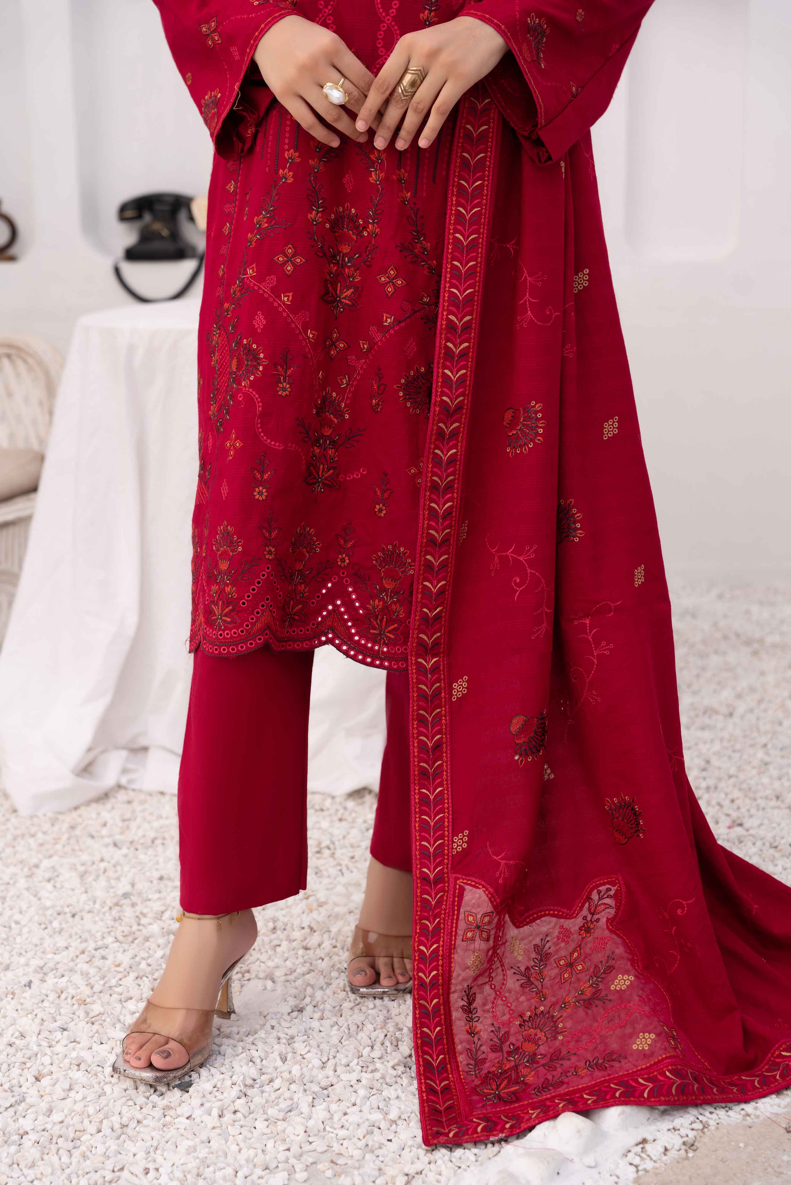 Deep Pink 3 pcs Embroidered Dhanak Dora Set