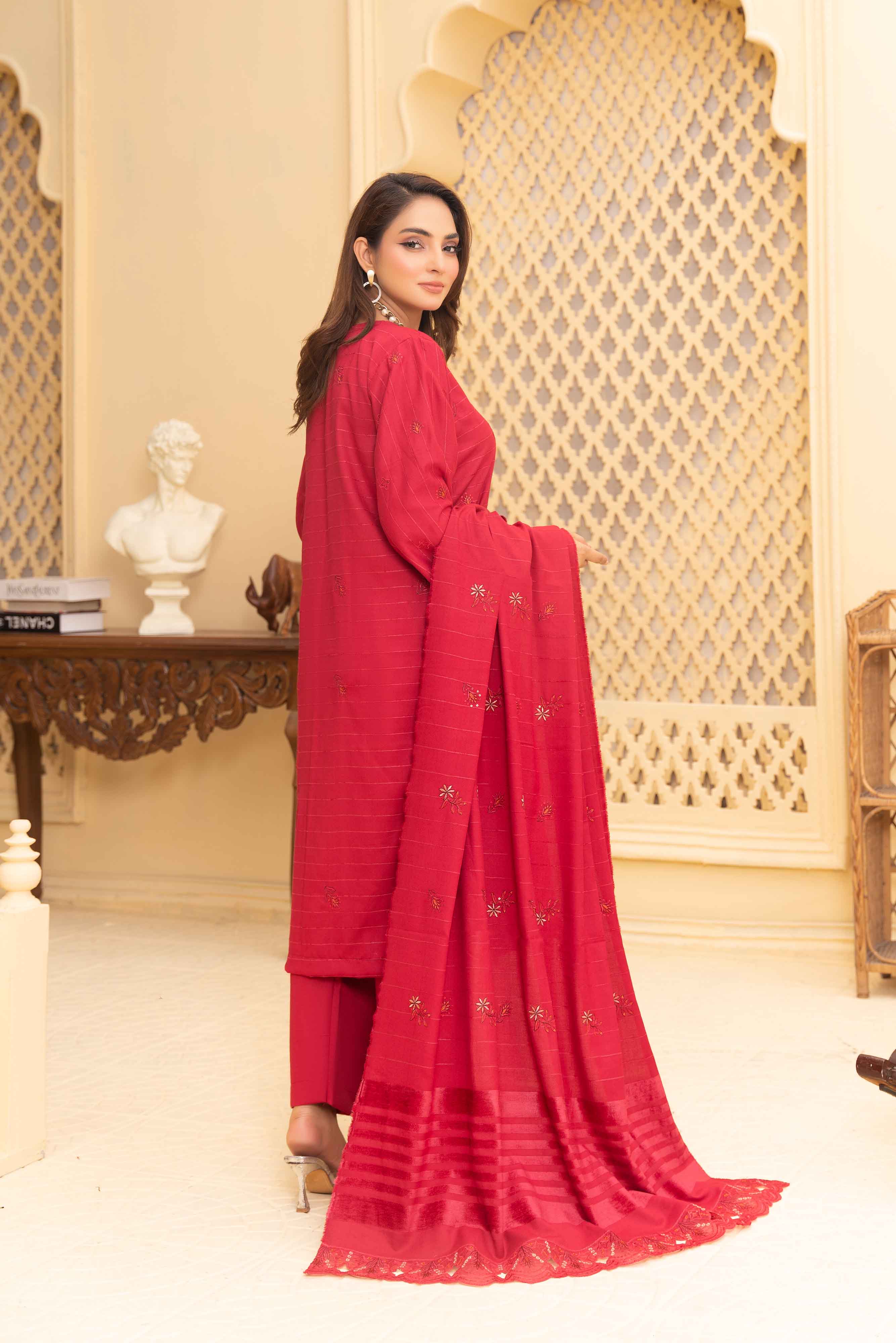 Deep Pink 3 Pcs Dhanak Embroidered Applique suit