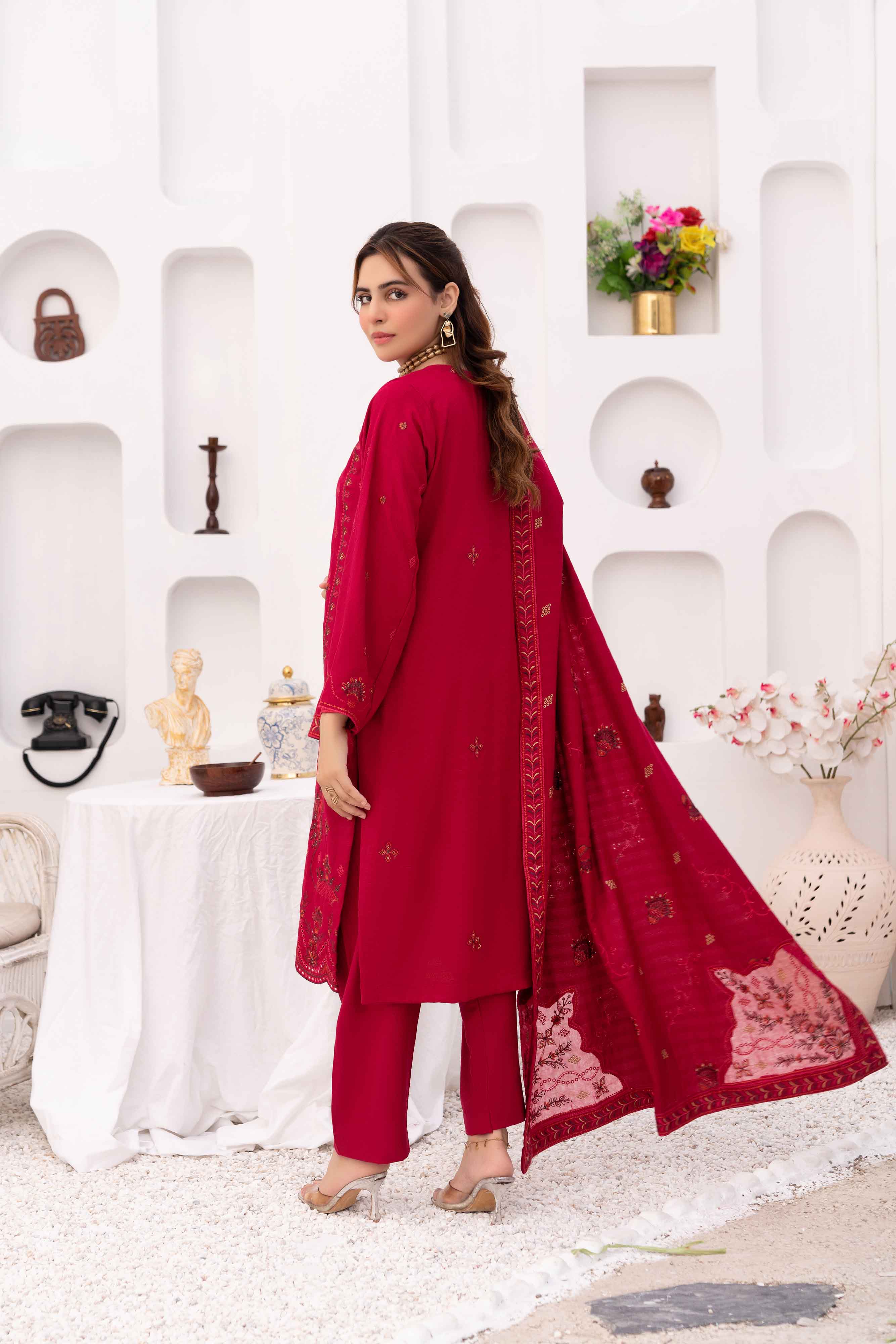 Deep Pink 3 pcs Embroidered Dhanak Dora Set