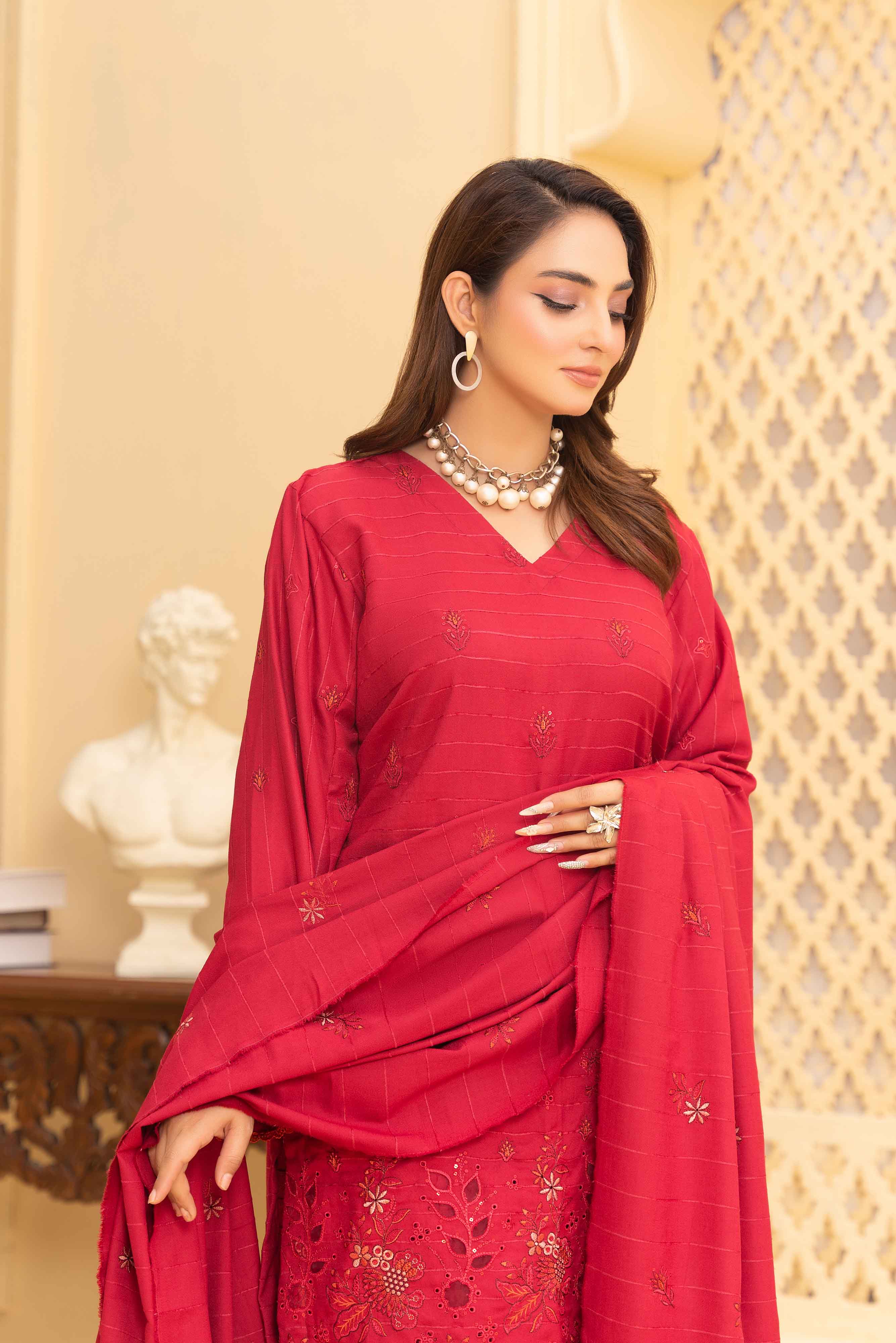 Deep Pink 3 Pcs Dhanak Embroidered Applique suit