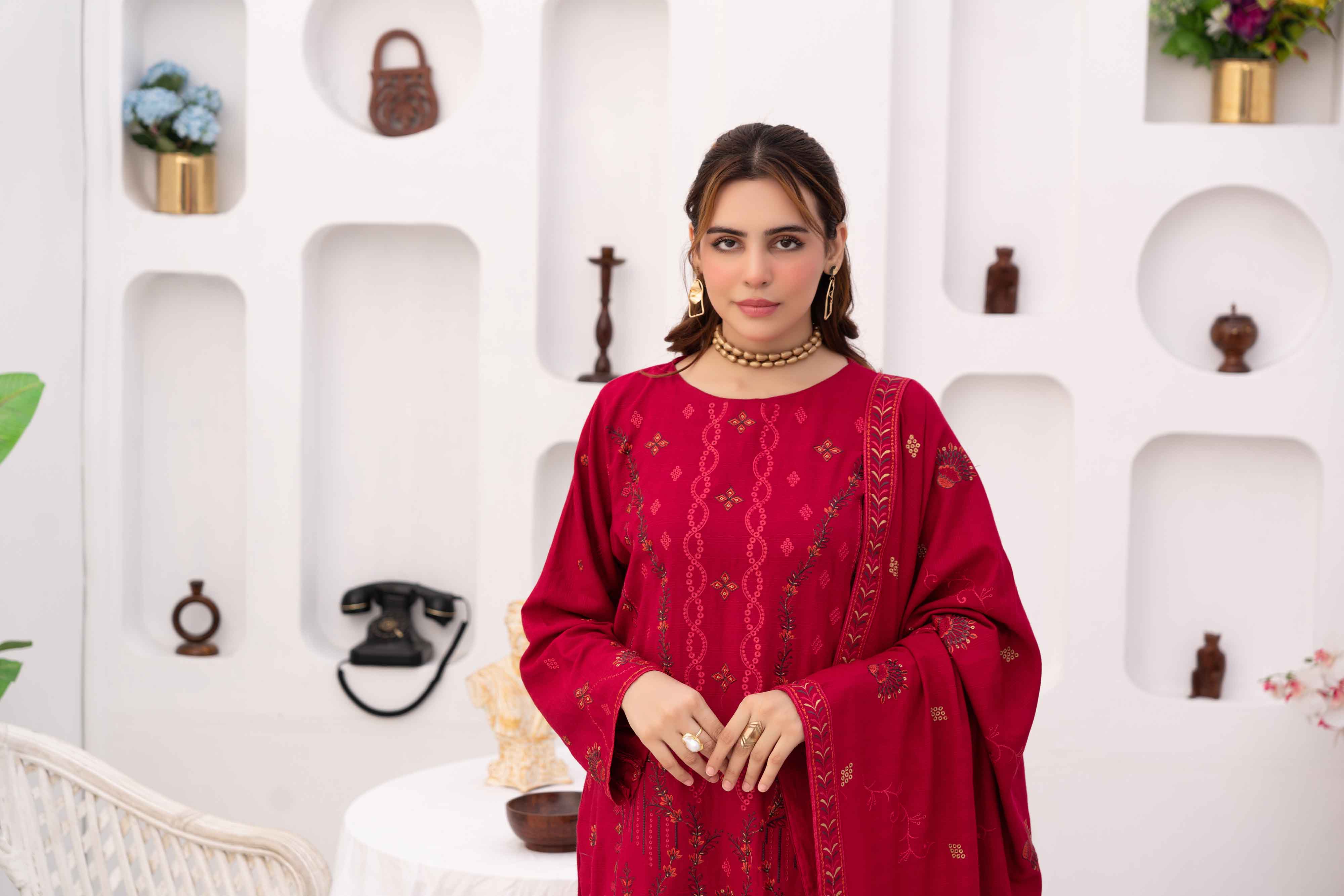 Deep Pink 3 pcs Embroidered Dhanak Dora Set