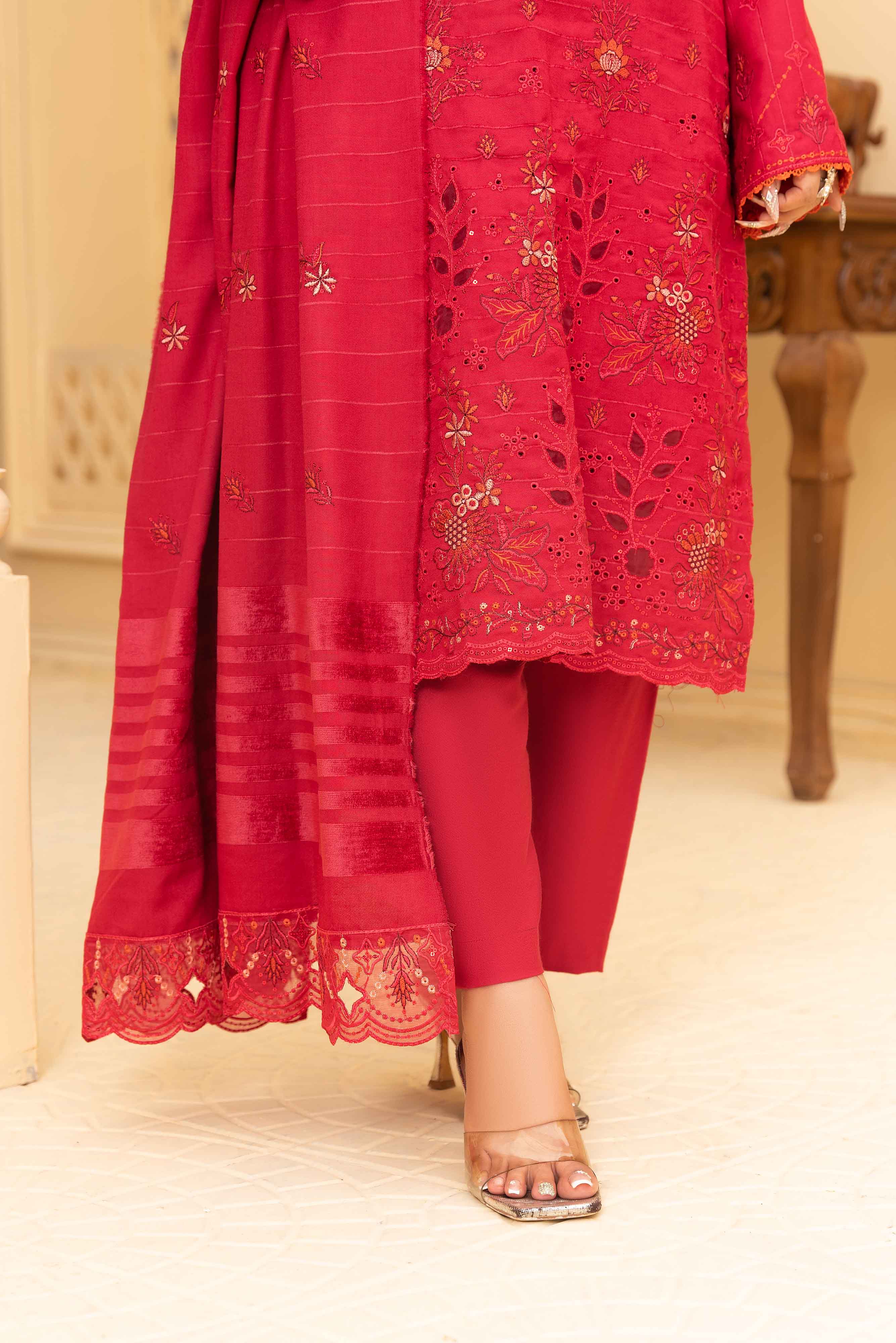 Deep Pink 3 Pcs Dhanak Embroidered Applique suit
