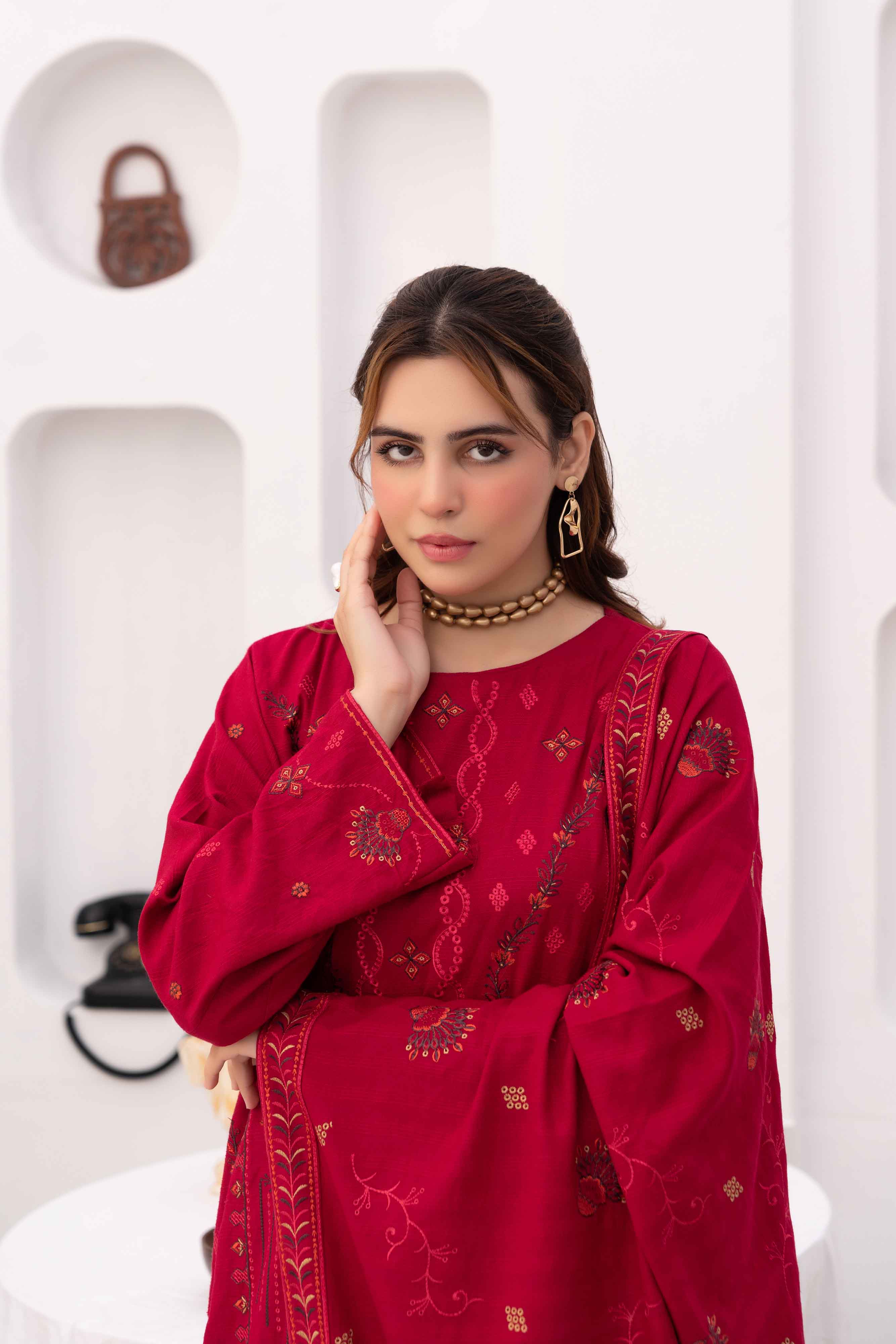 Deep Pink 3 pcs Embroidered Dhanak Dora Set