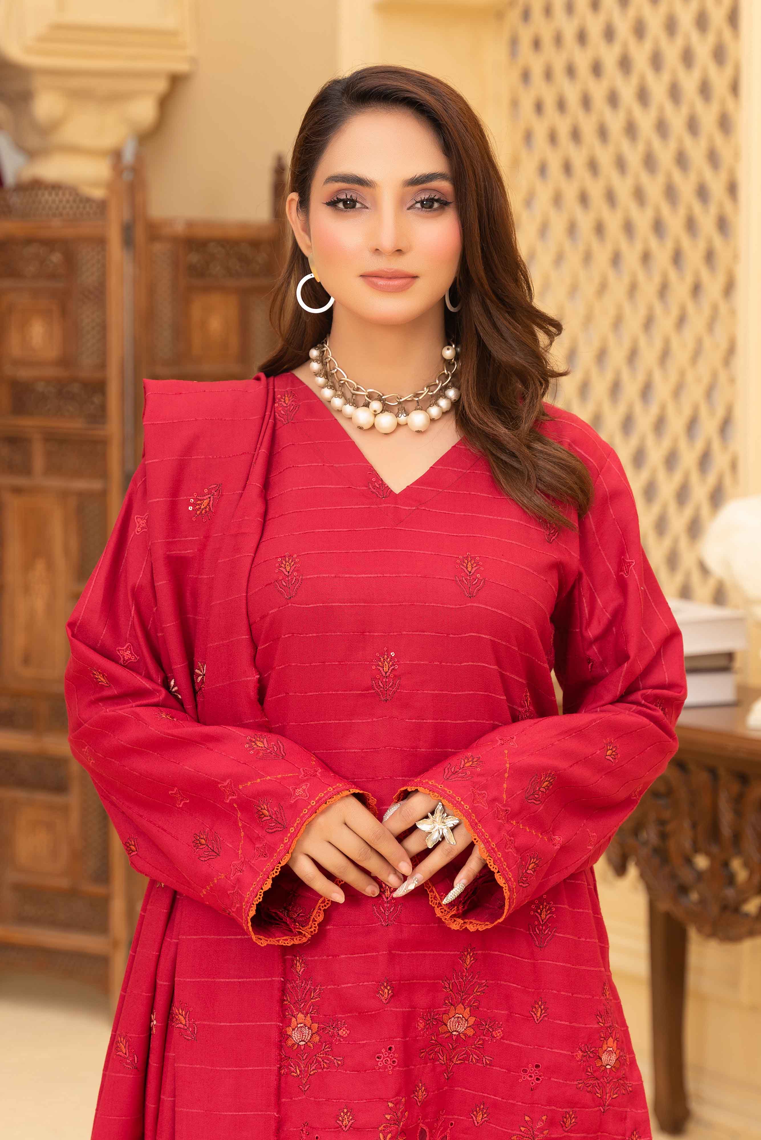 Deep Pink 3 Pcs Dhanak Embroidered Applique suit