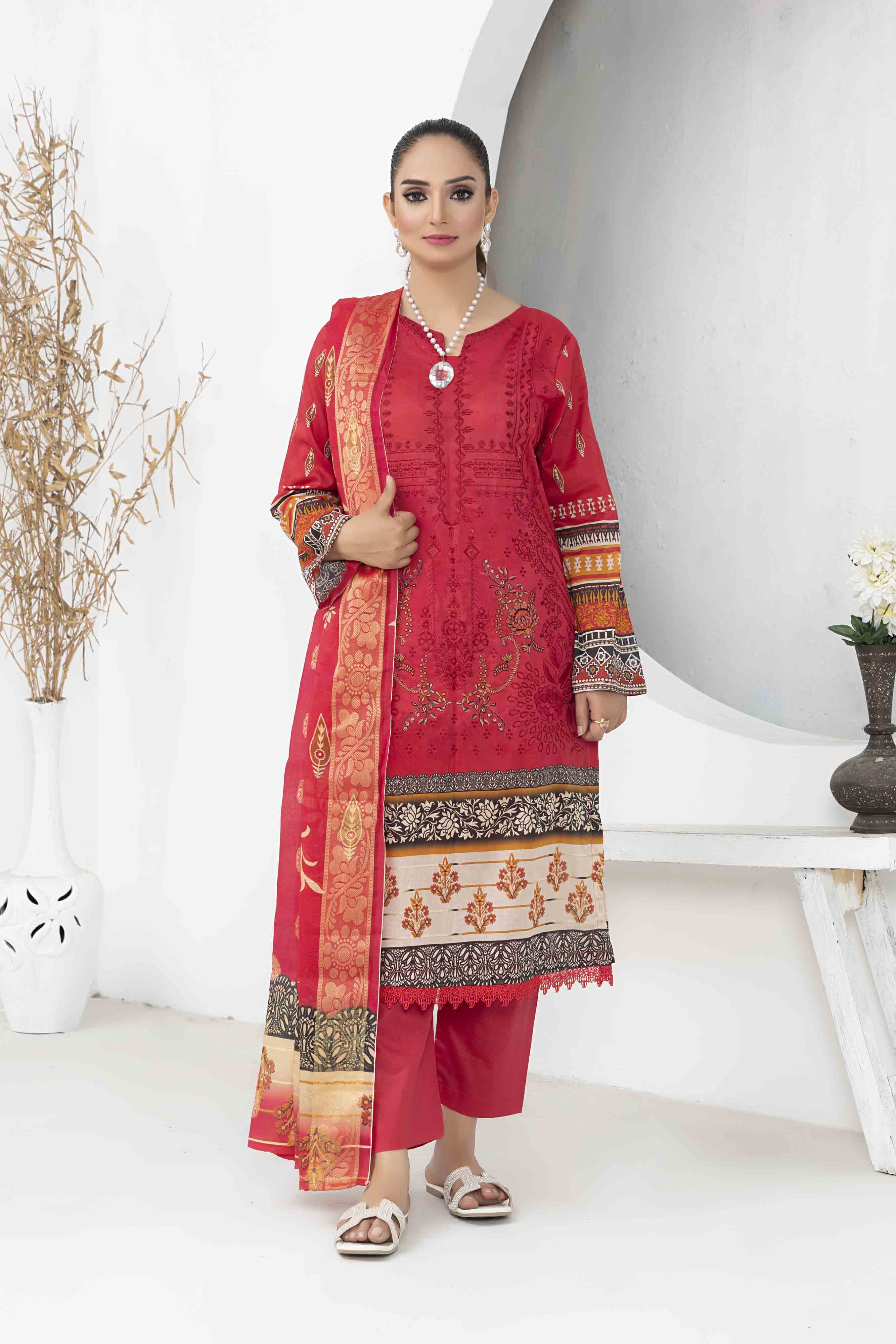 Deep Pink Printed Embroidered 3 Pcs Lawn Set