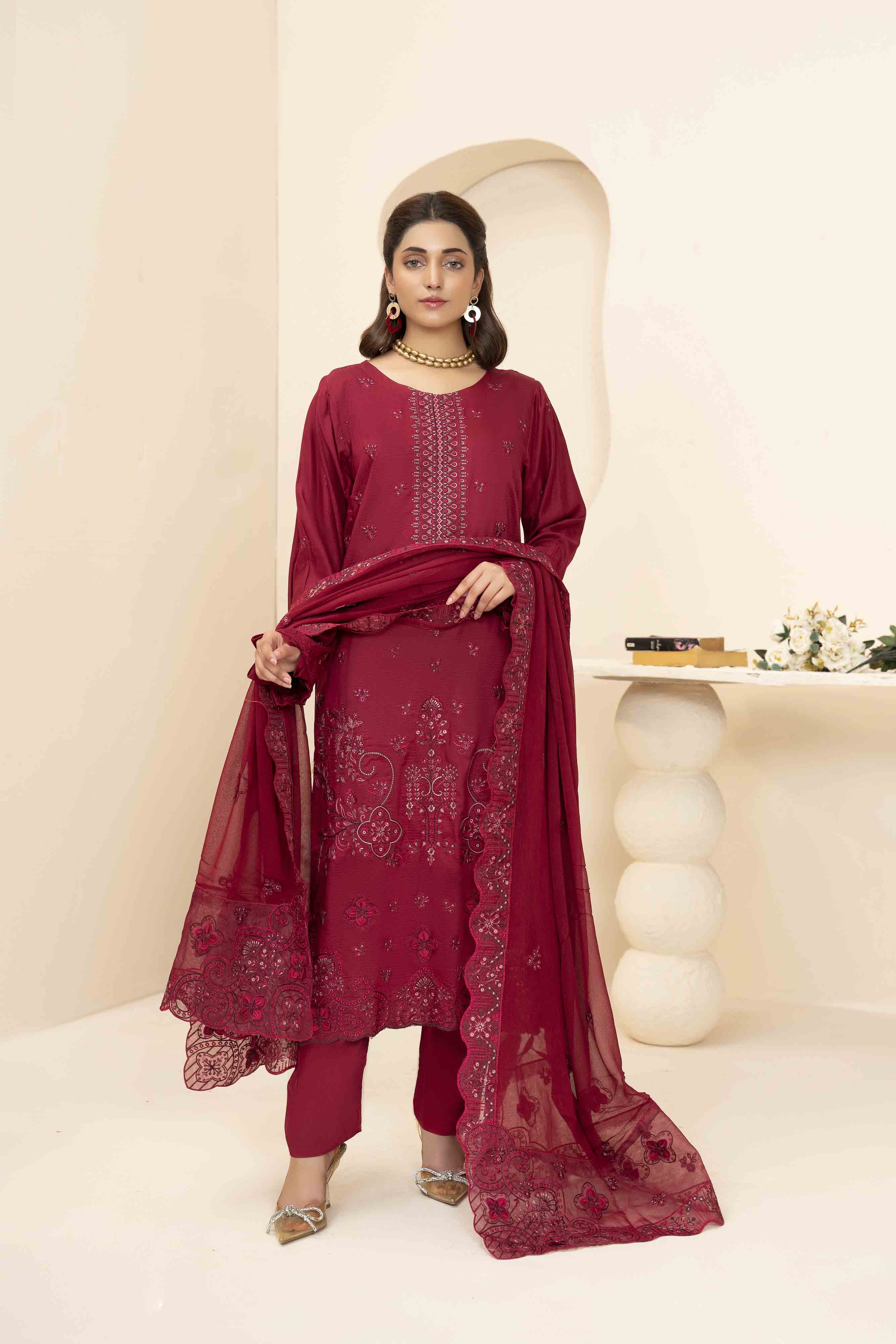 Deep Maroon 3 Pcs Embroidered Viscose Doria Suit