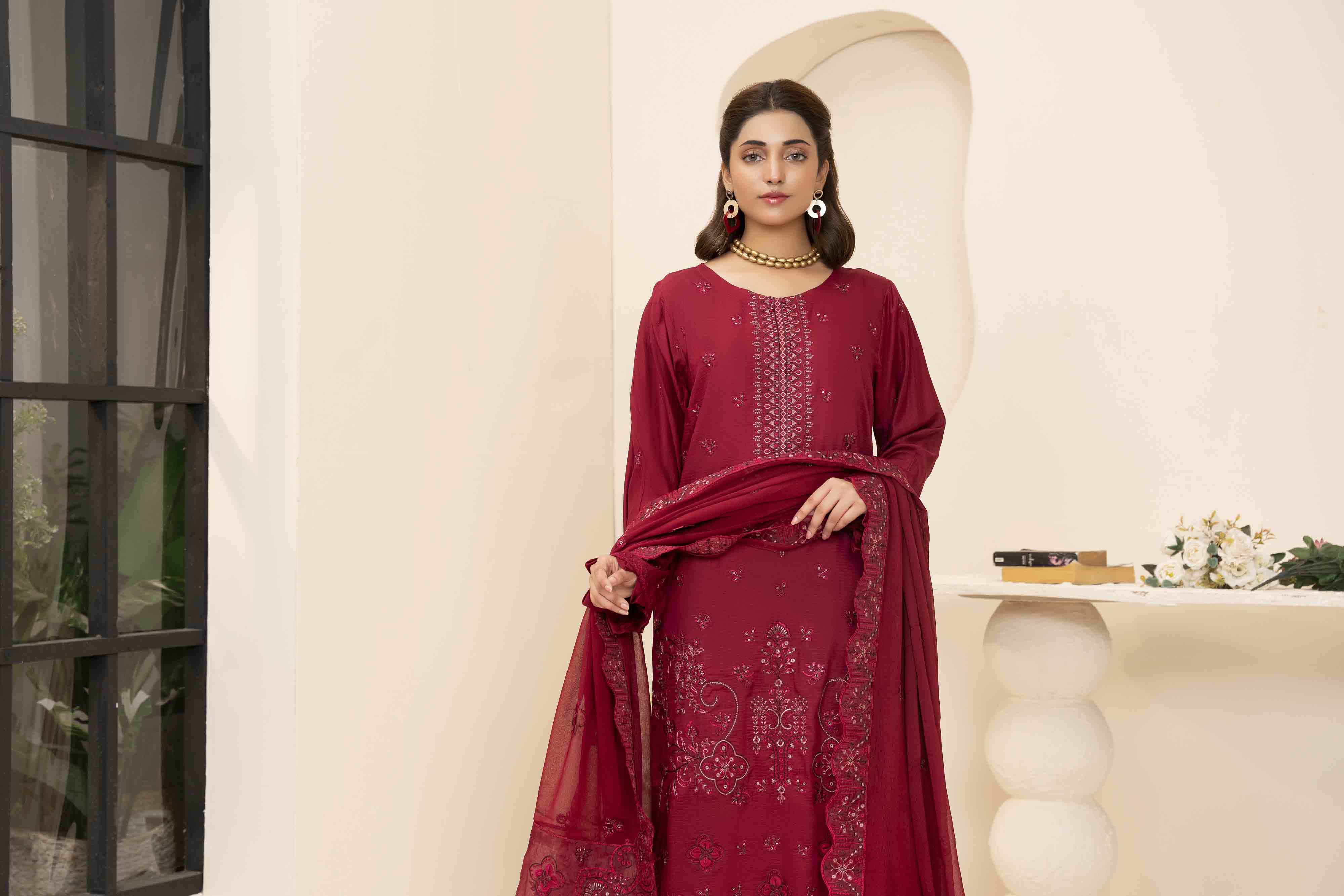 Deep Maroon 3 Pcs Embroidered Viscose Doria Suit