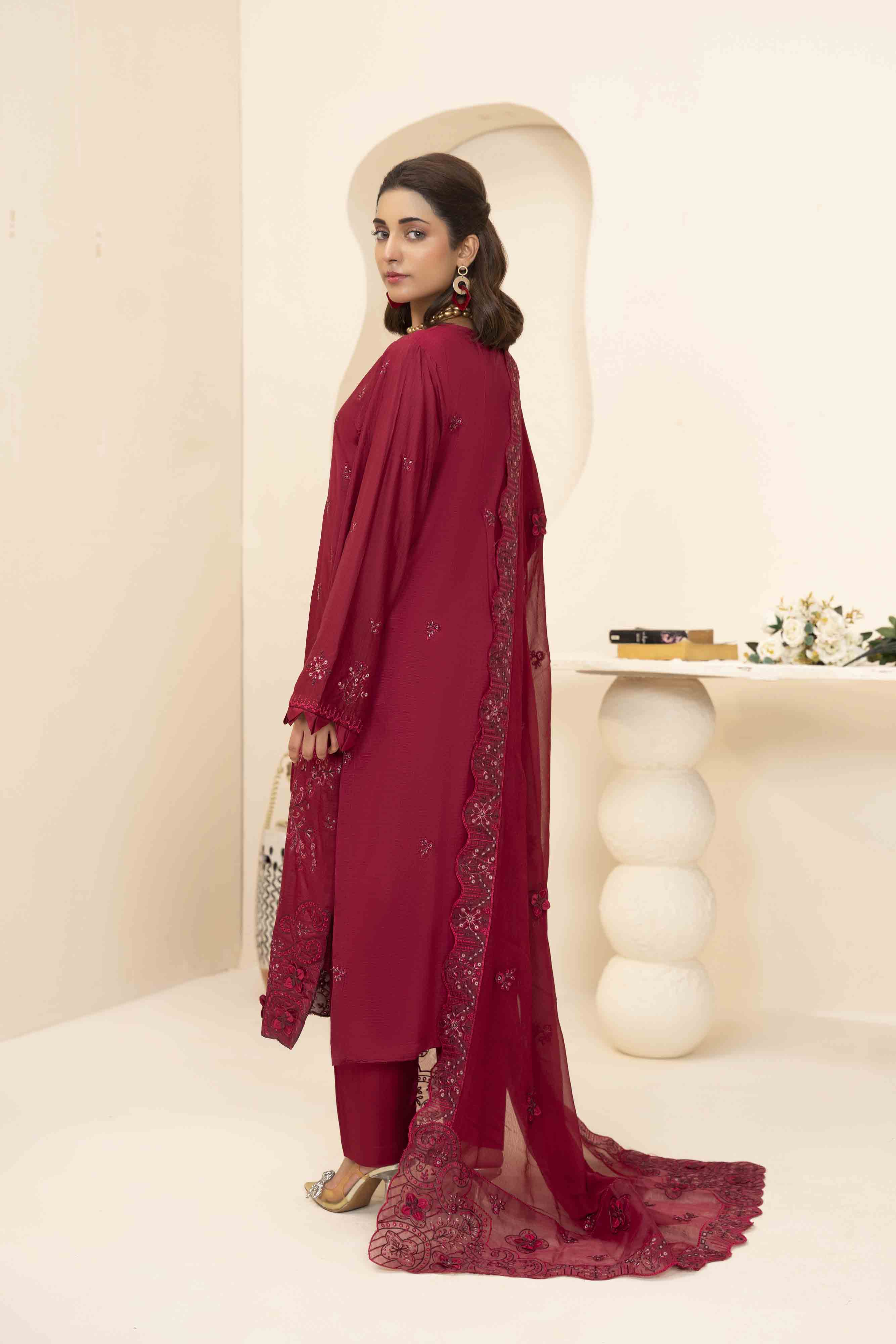 Deep Maroon 3 Pcs Embroidered Viscose Doria Suit