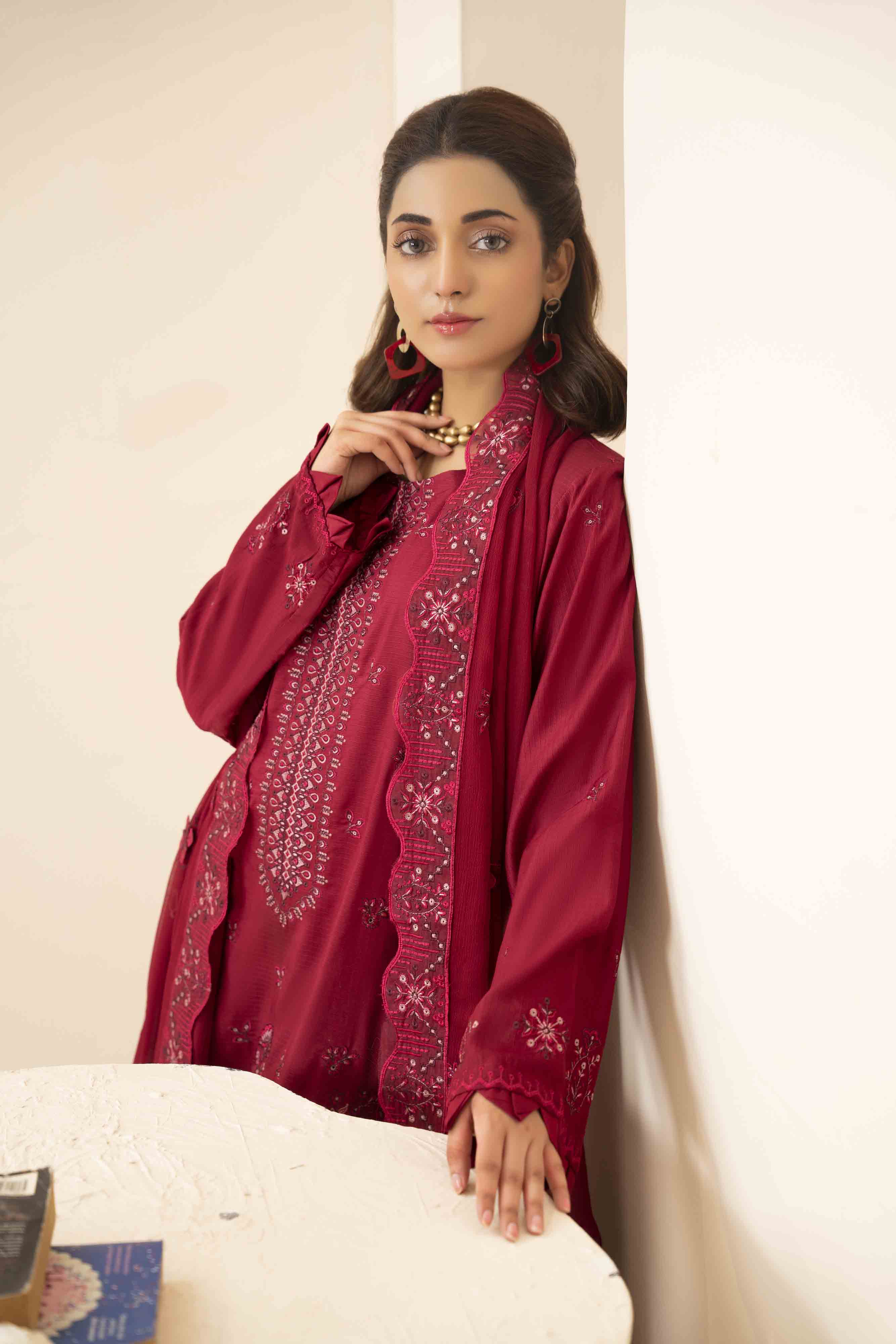 Deep Maroon 3 Pcs Embroidered Viscose Doria Suit