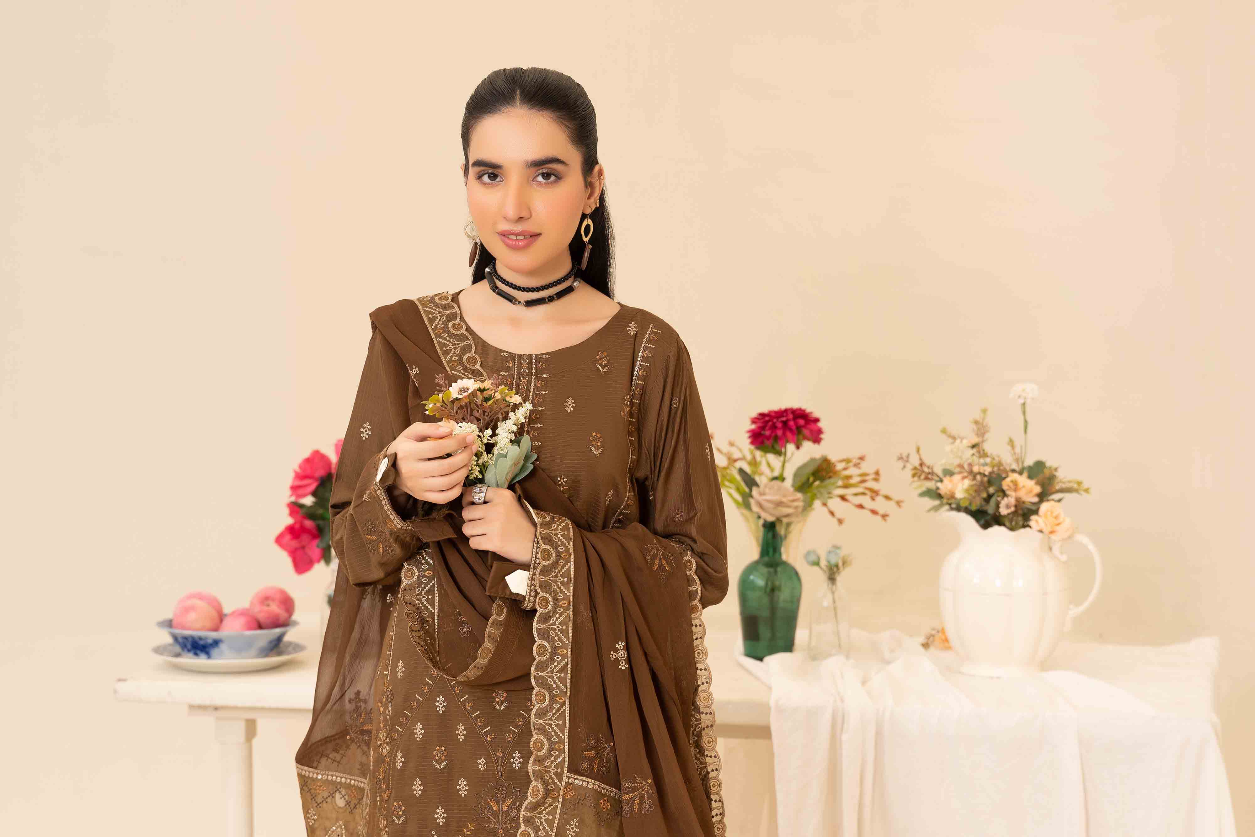 Deep Olive 3 Pcs Doria Embroidered Viscose Suit