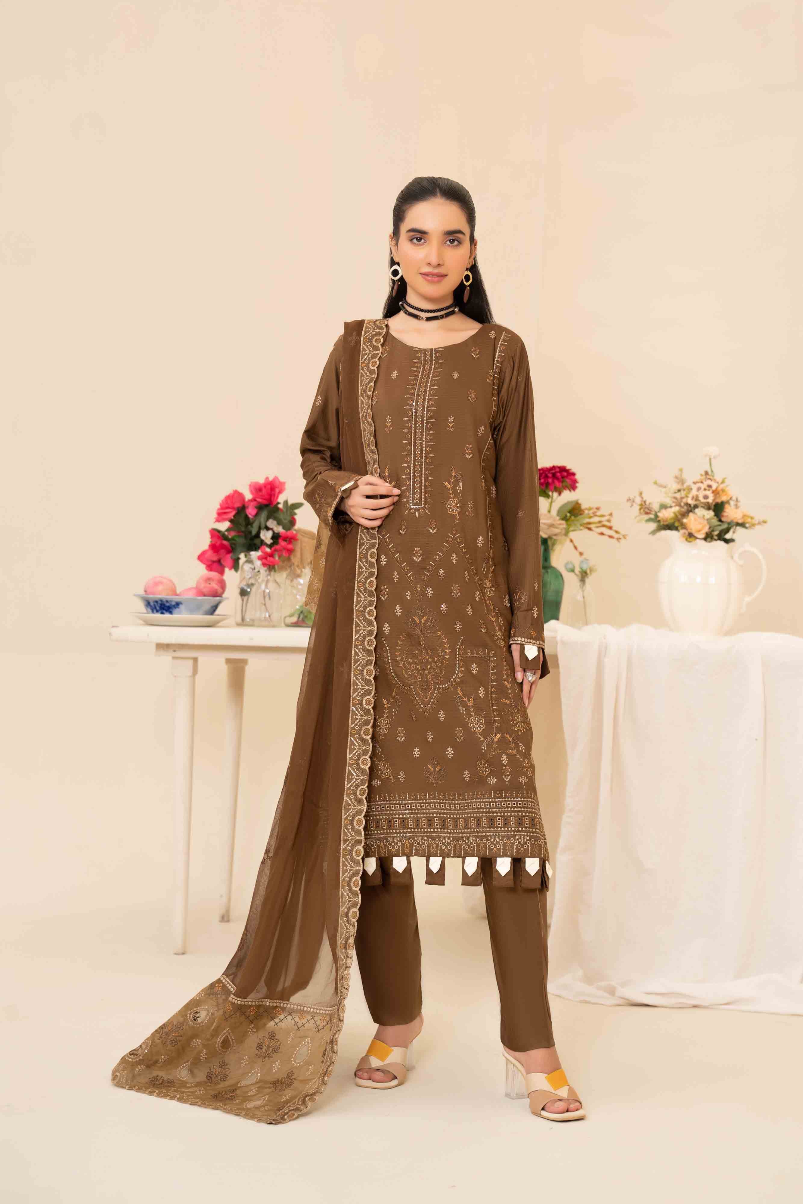 Deep Olive 3 Pcs Doria Embroidered Viscose Suit