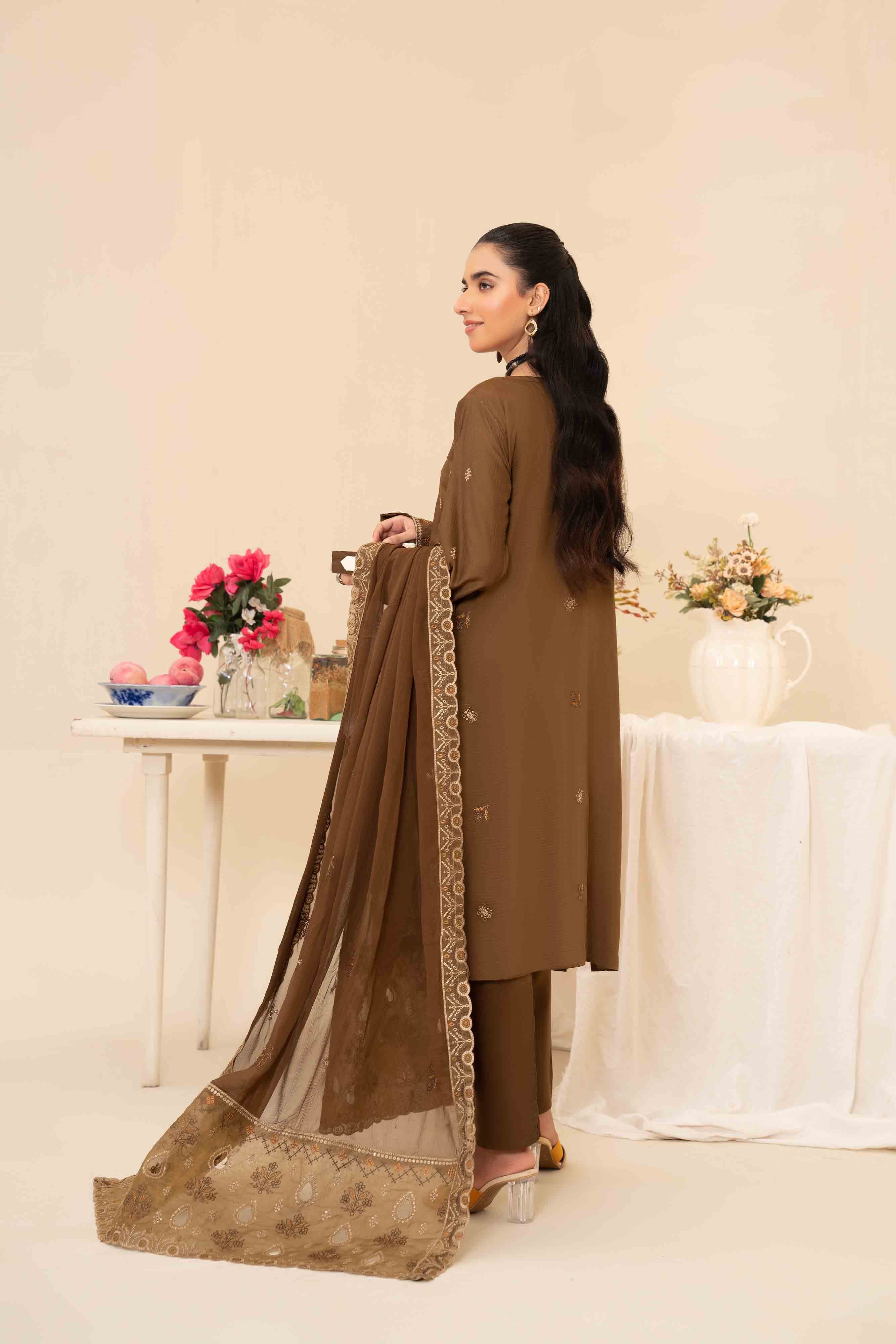 Deep Olive 3 Pcs Doria Embroidered Viscose Suit