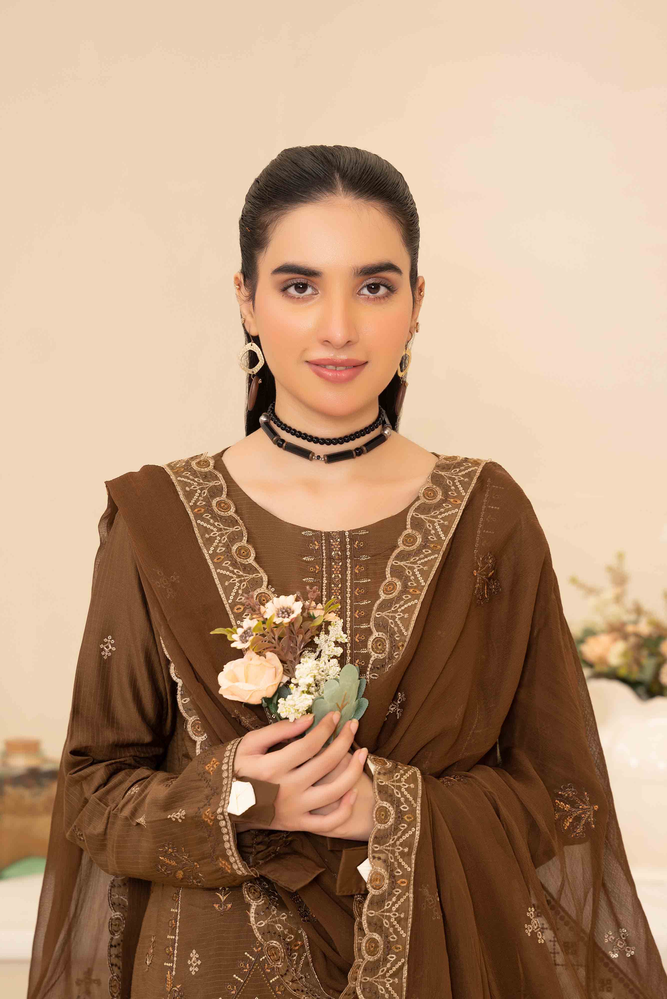 Deep Olive 3 Pcs Doria Embroidered Viscose Suit