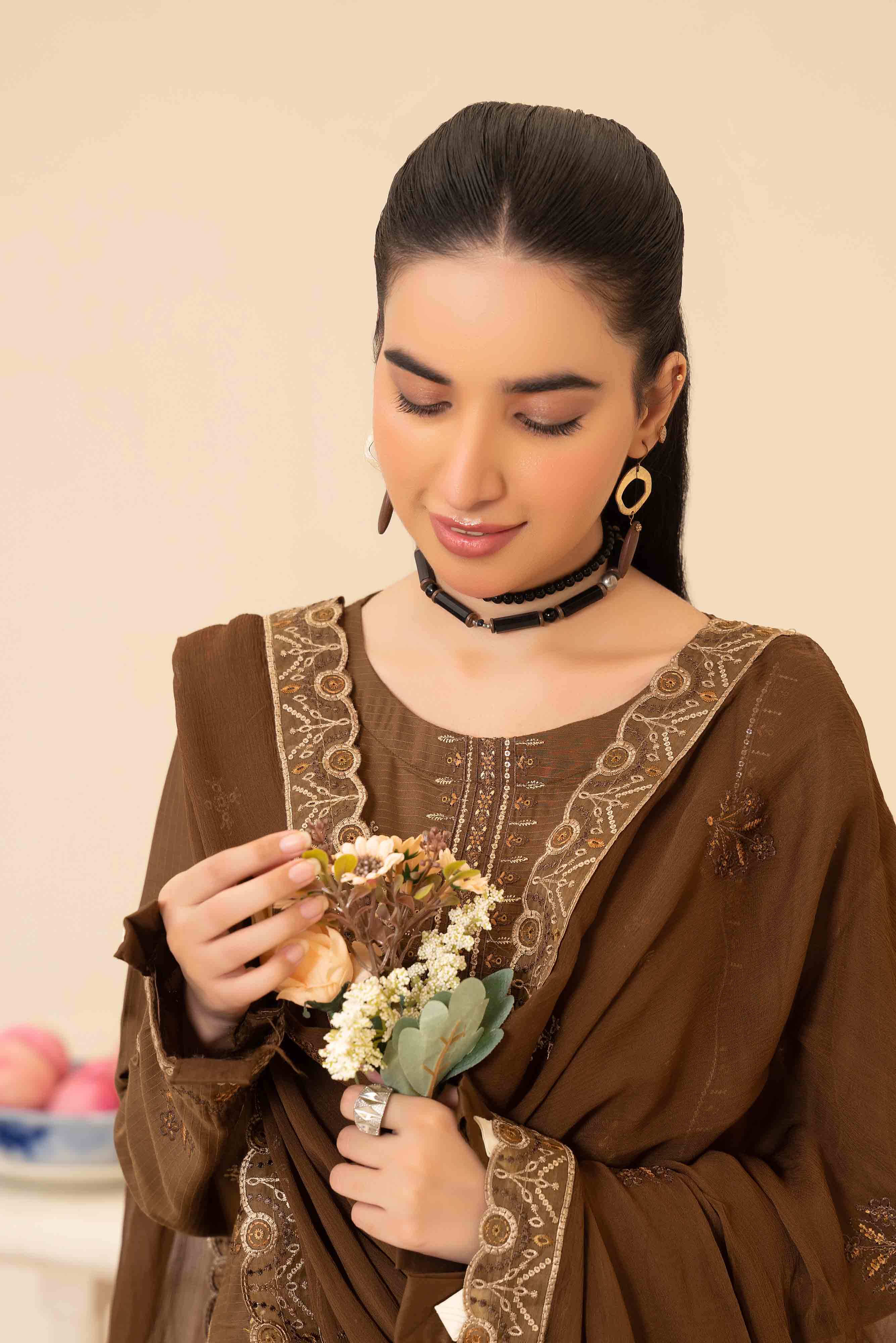 Deep Olive 3 Pcs Doria Embroidered Viscose Suit