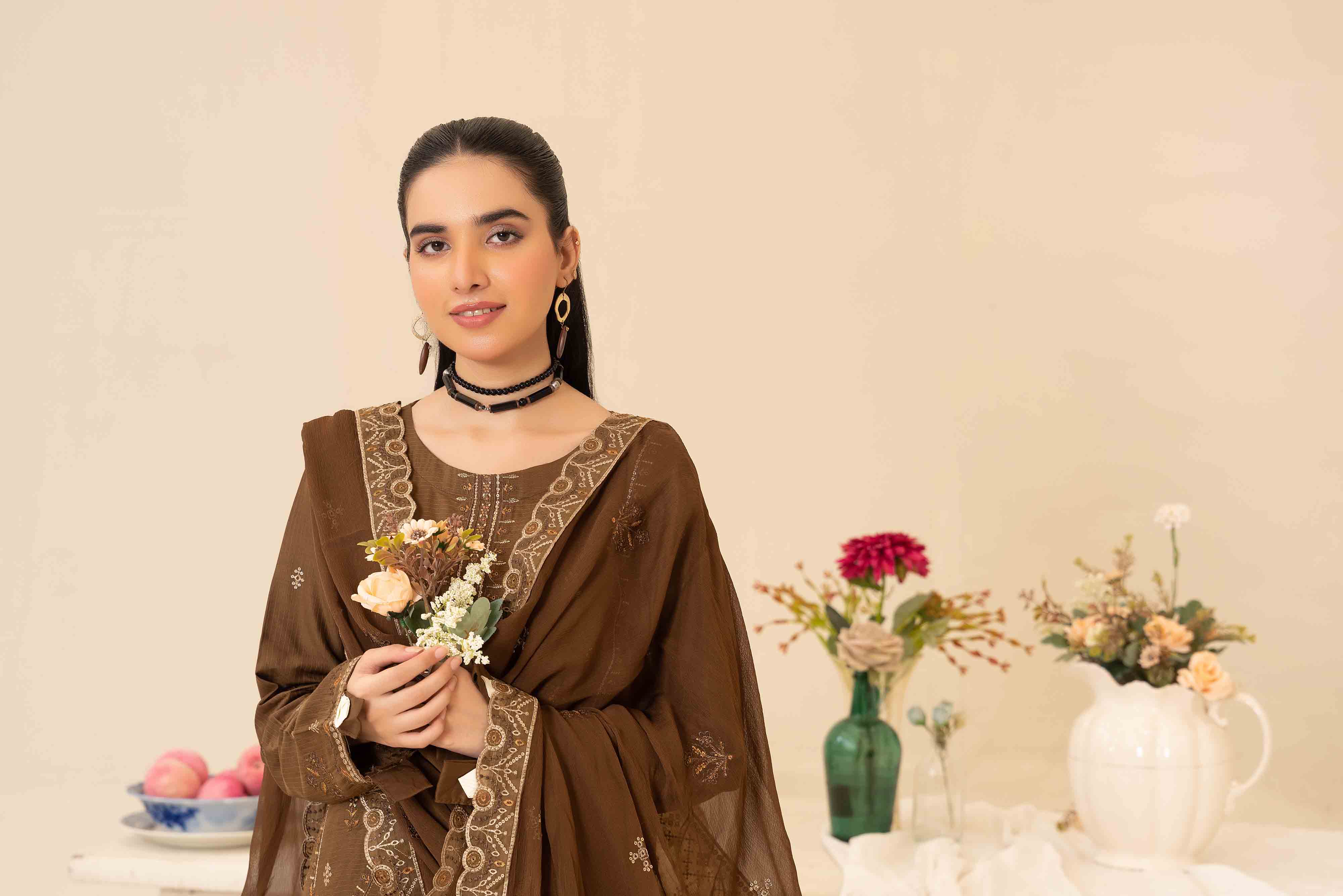 Deep Olive 3 Pcs Doria Embroidered Viscose Suit