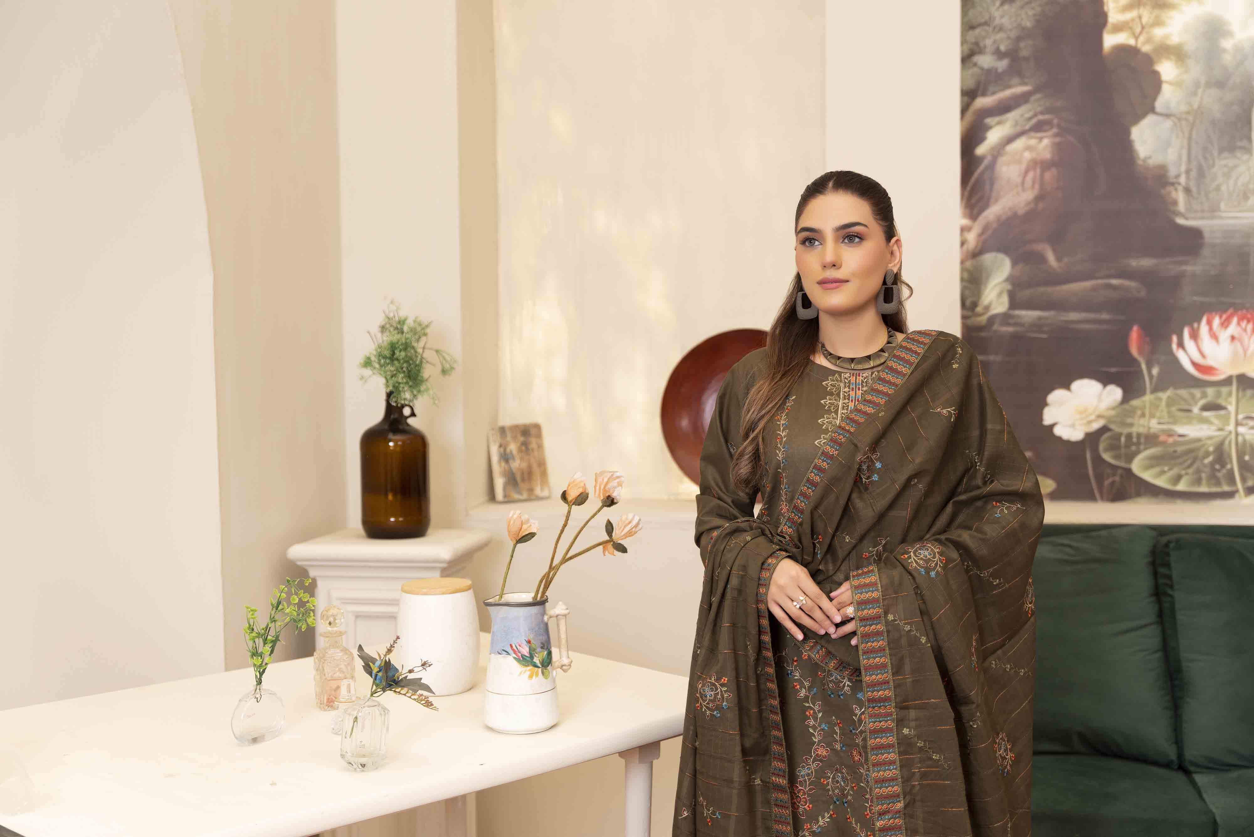 Deep Olive Embroidered Lawn Set