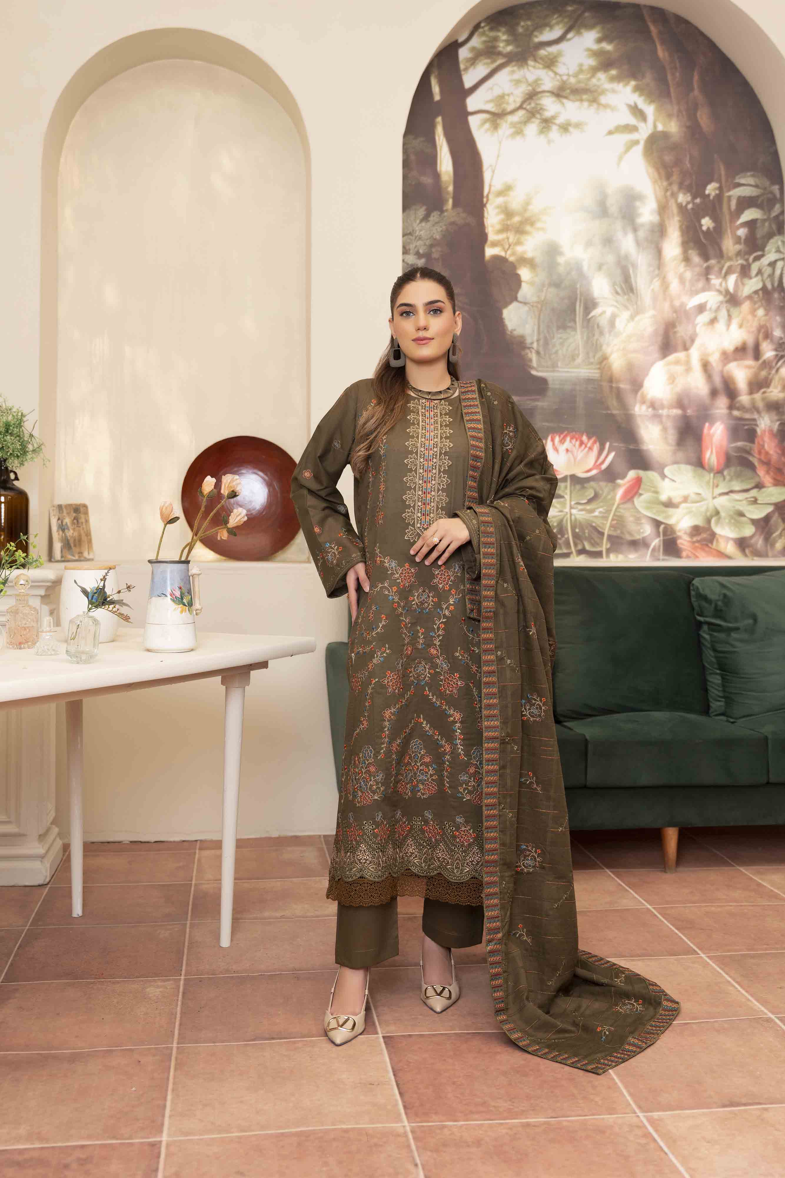 Deep Olive Embroidered Lawn Set