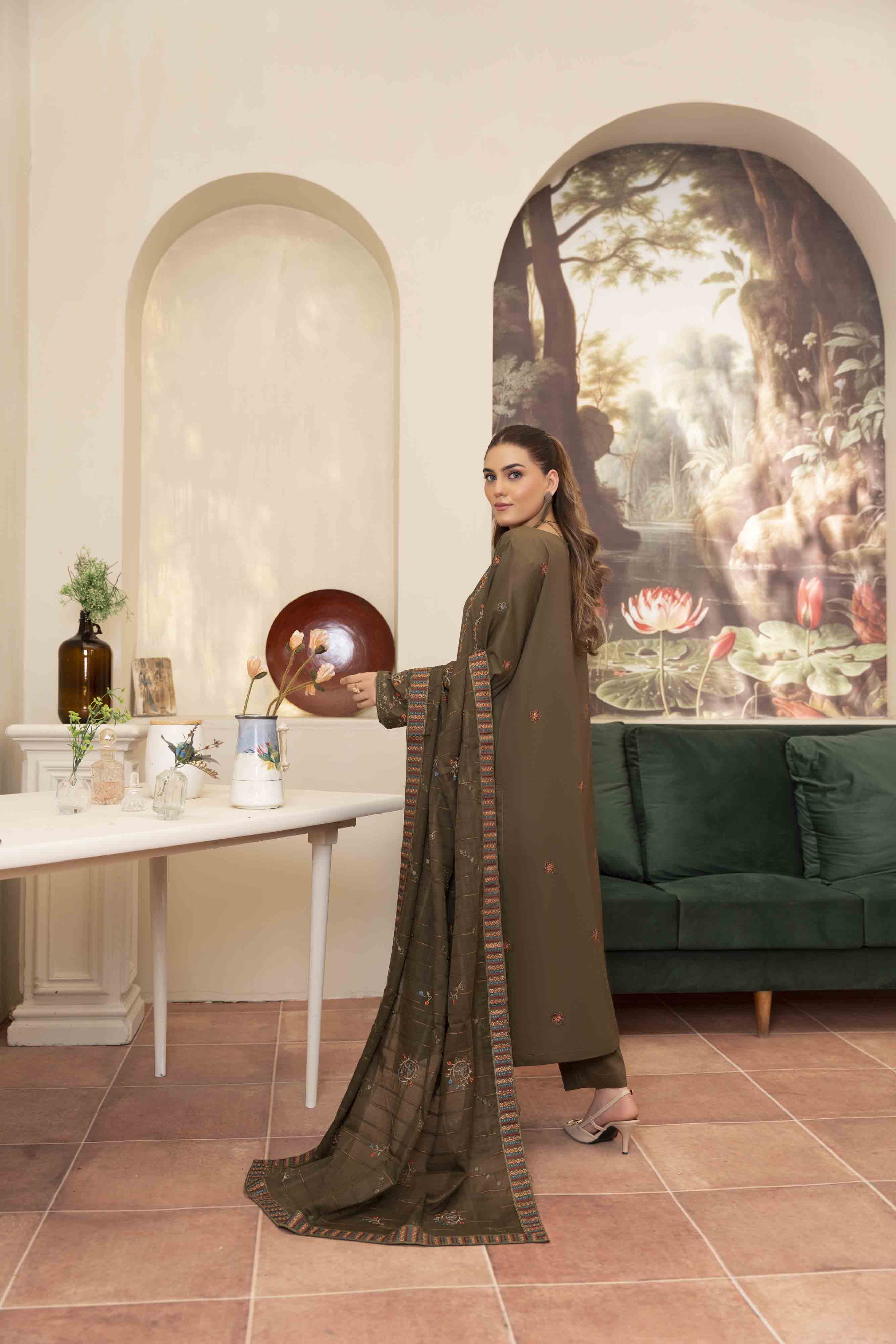 Deep Olive Embroidered Lawn Set
