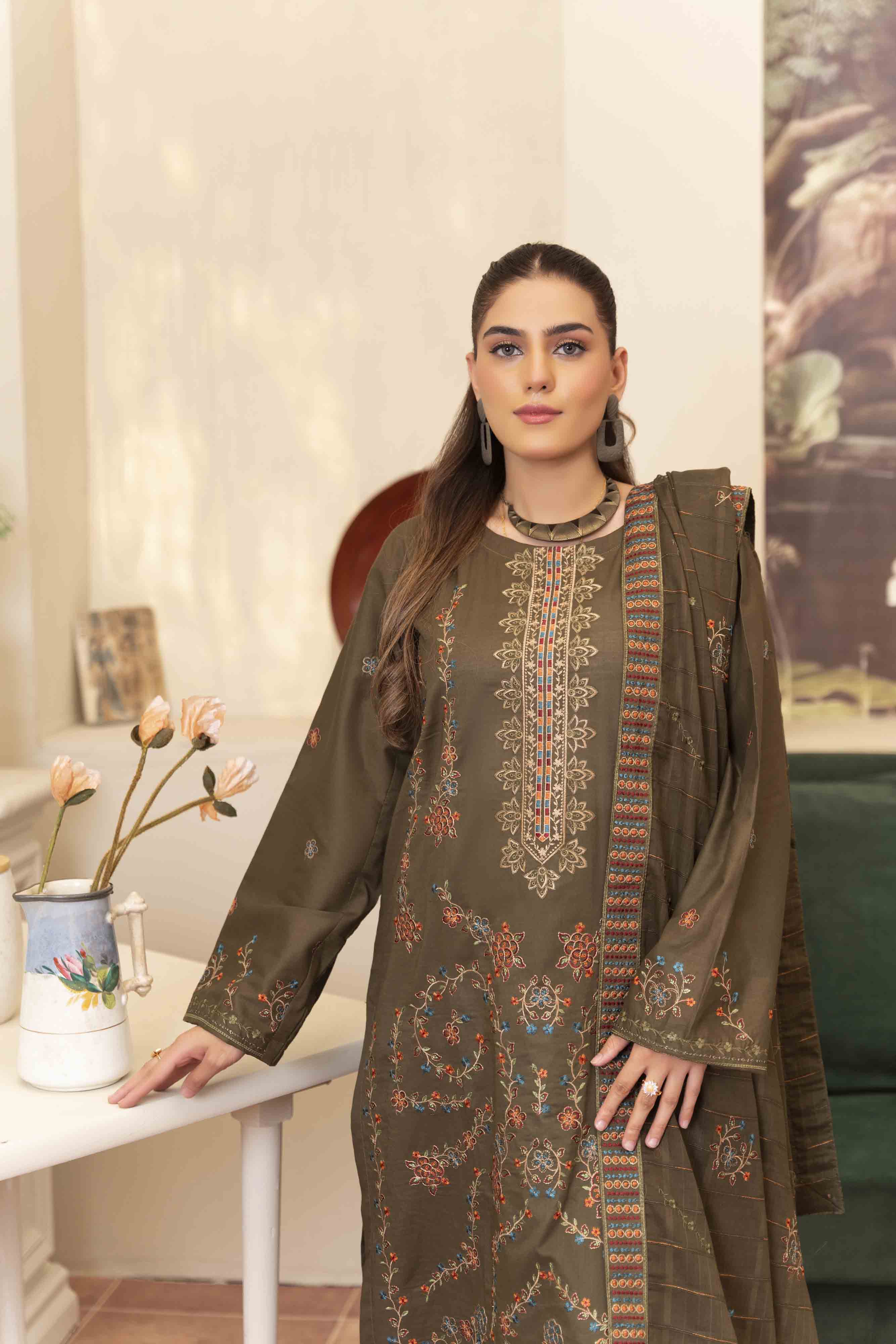 Deep Olive Embroidered Lawn Set
