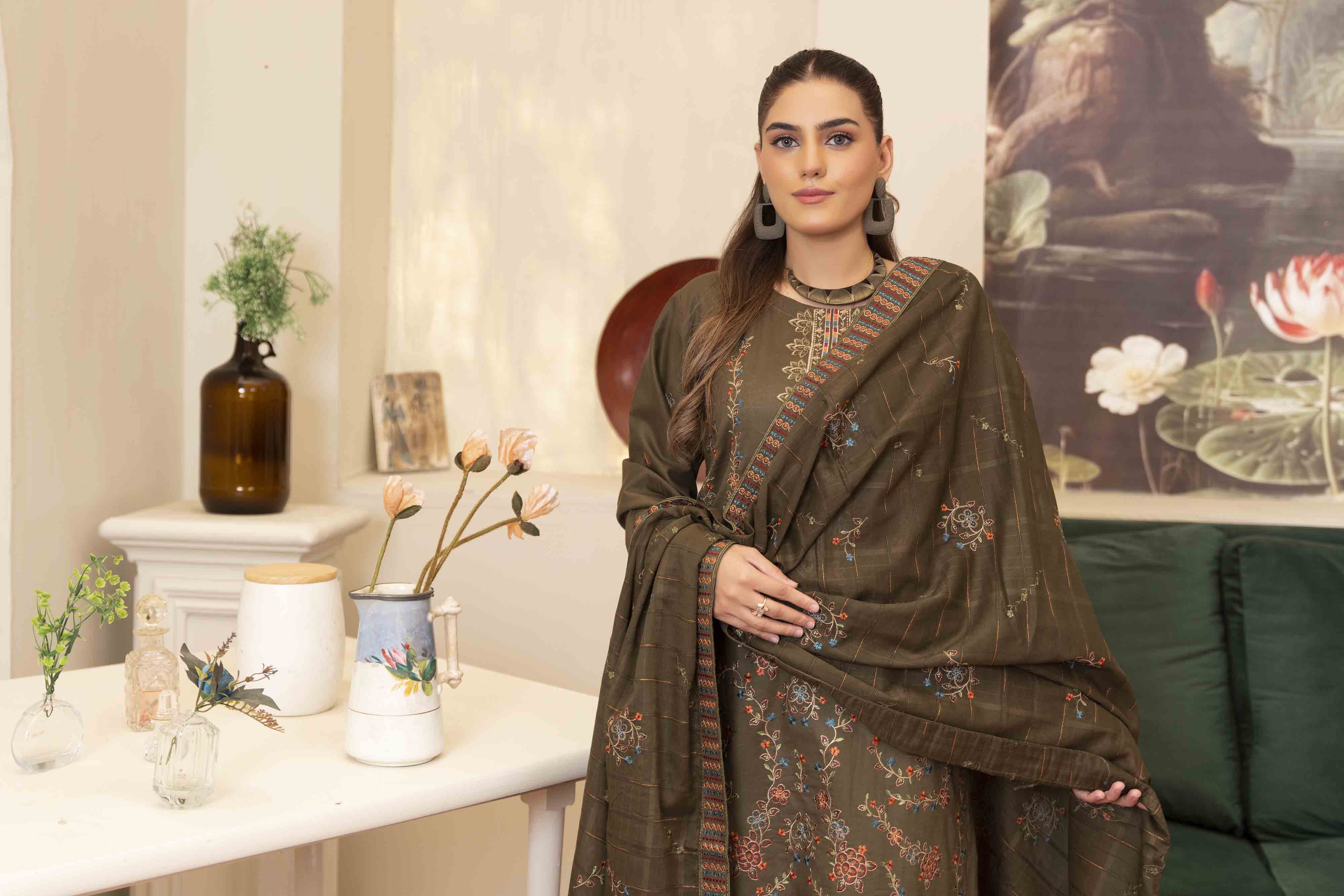 Deep Olive Embroidered Lawn Set