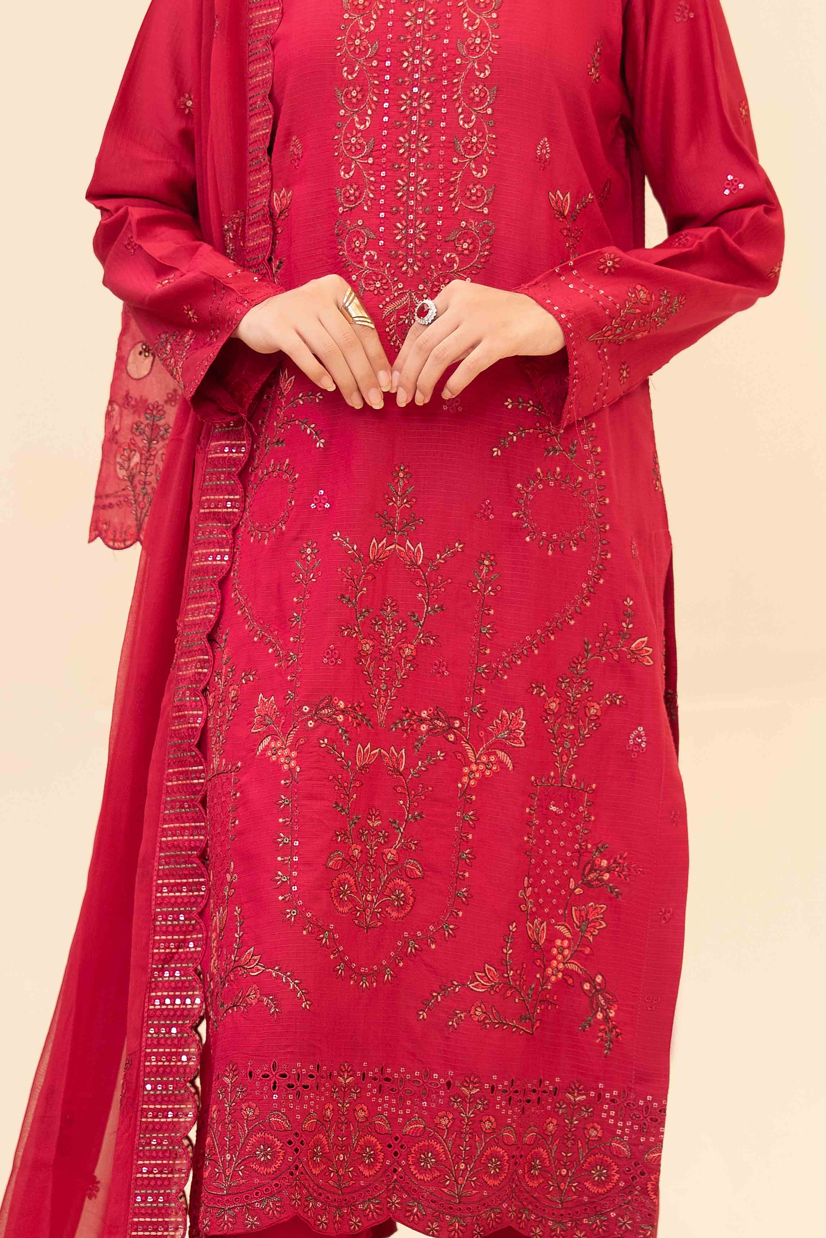 Deep Pink 3 Pcs Doria Embroidered Viscose Suit