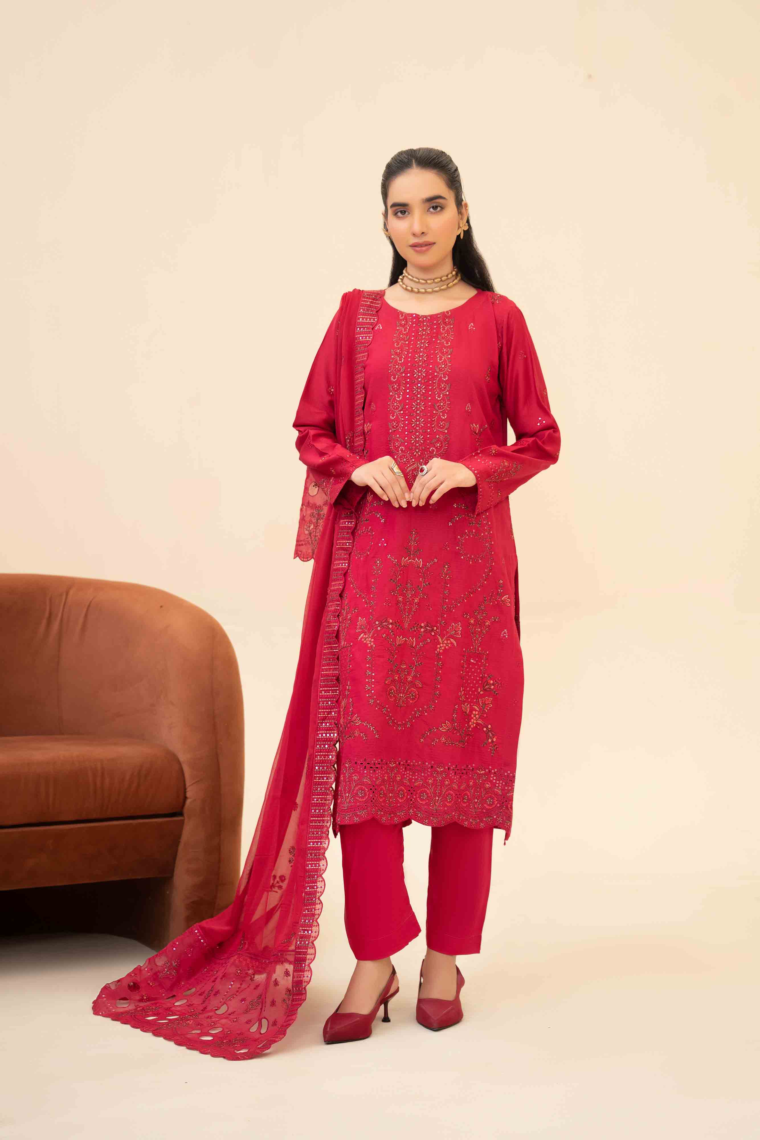 Deep Pink 3 Pcs Doria Embroidered Viscose Suit