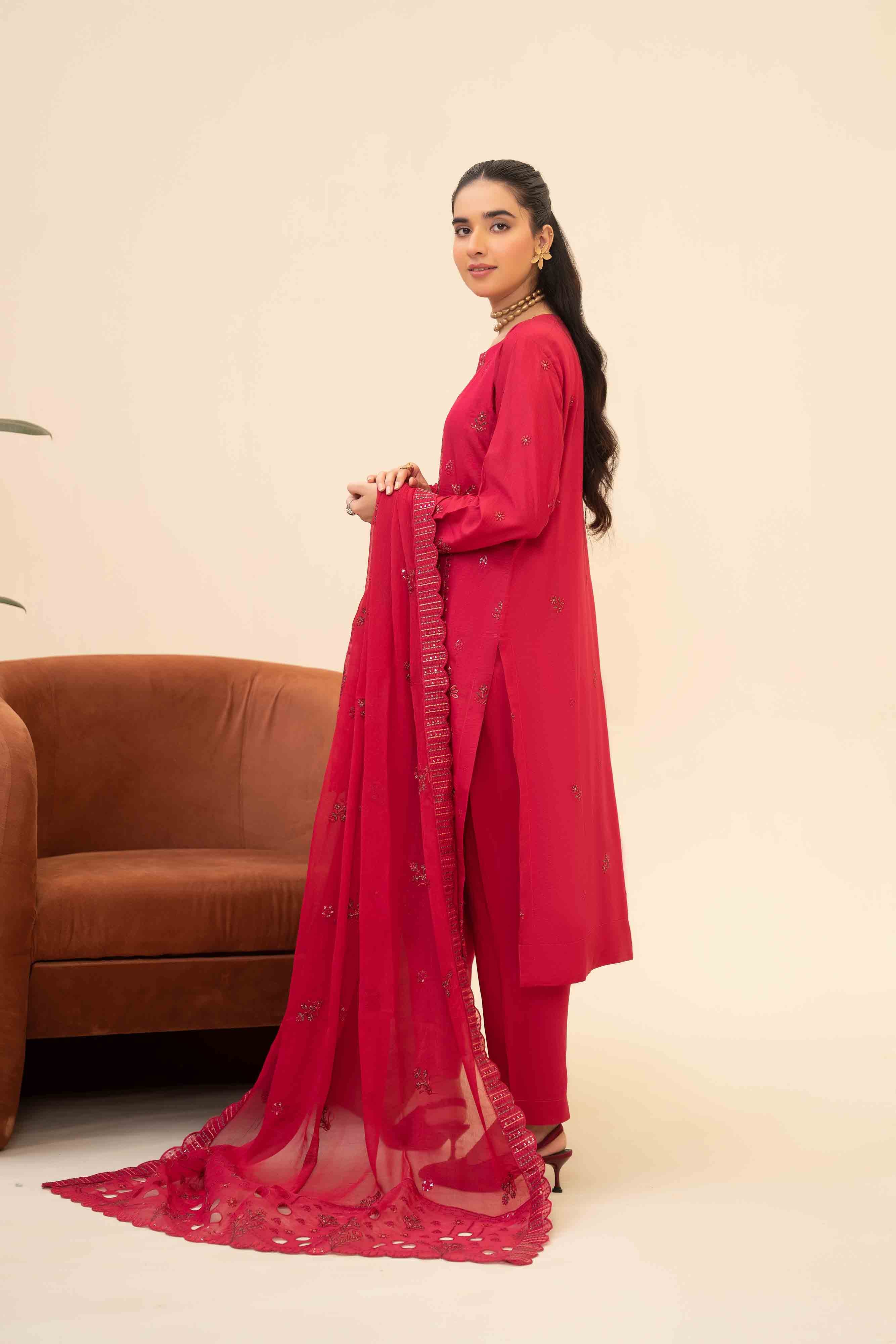 Deep Pink 3 Pcs Doria Embroidered Viscose Suit