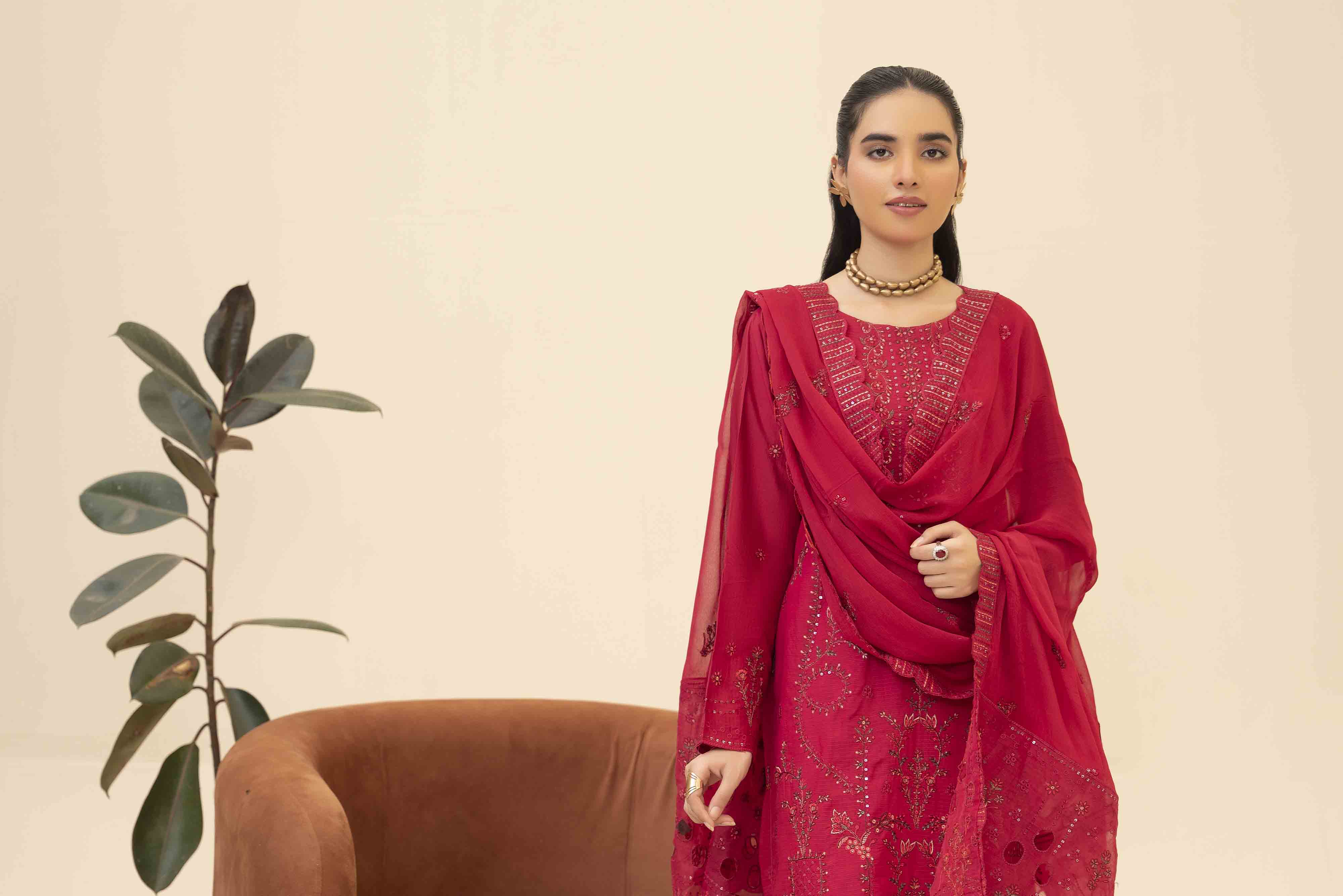 Deep Pink 3 Pcs Doria Embroidered Viscose Suit