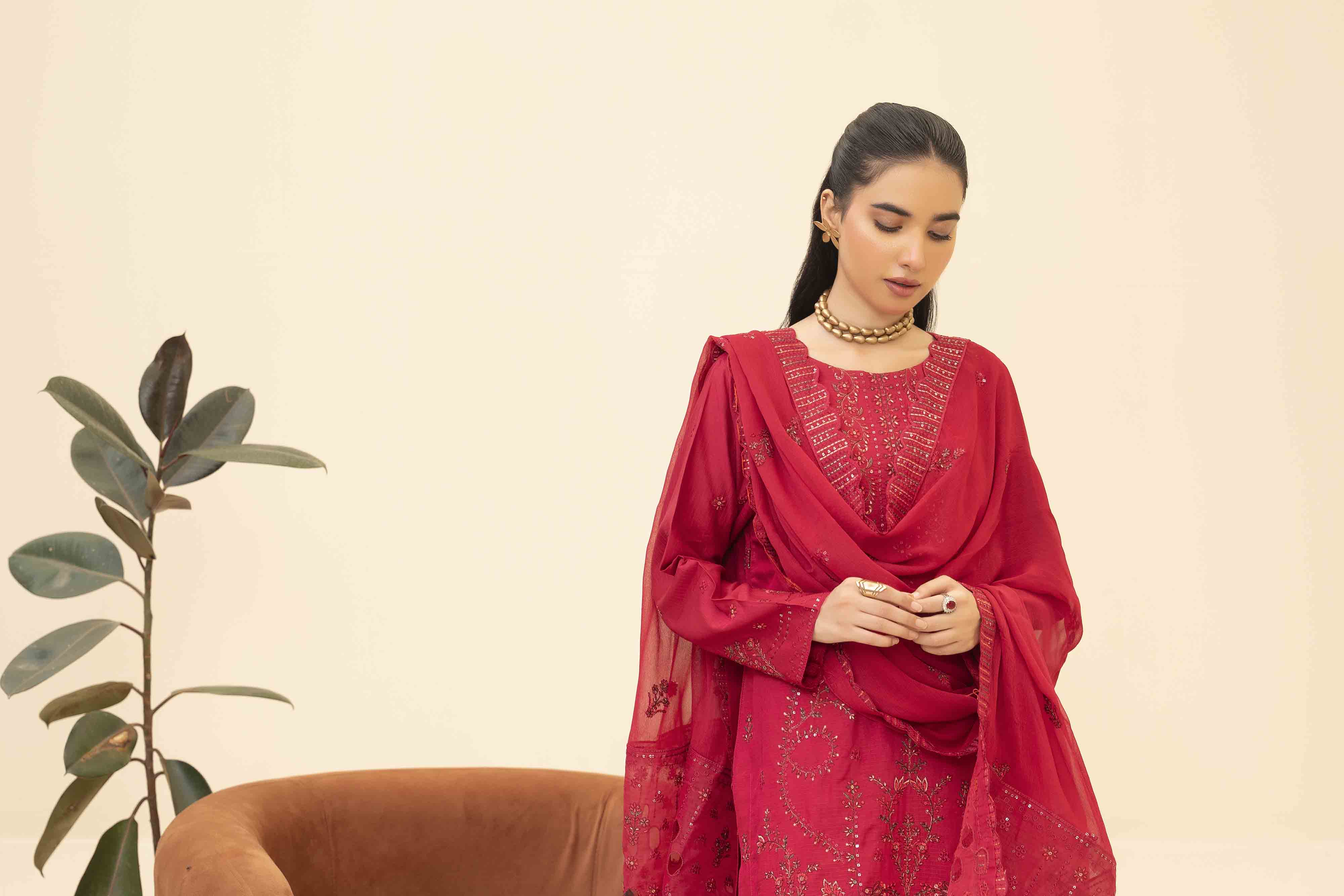 Deep Pink 3 Pcs Doria Embroidered Viscose Suit