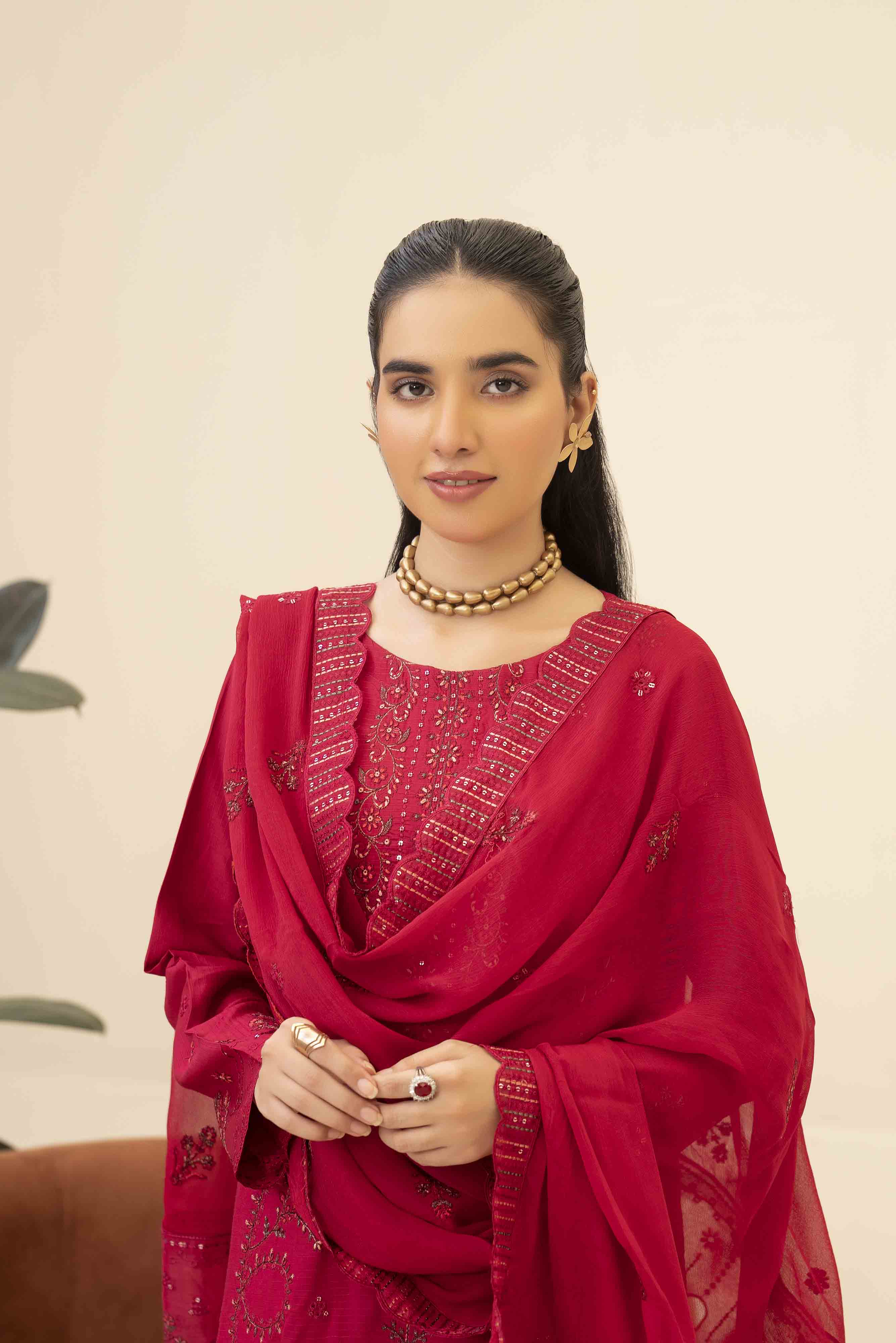 Deep Pink 3 Pcs Doria Embroidered Viscose Suit