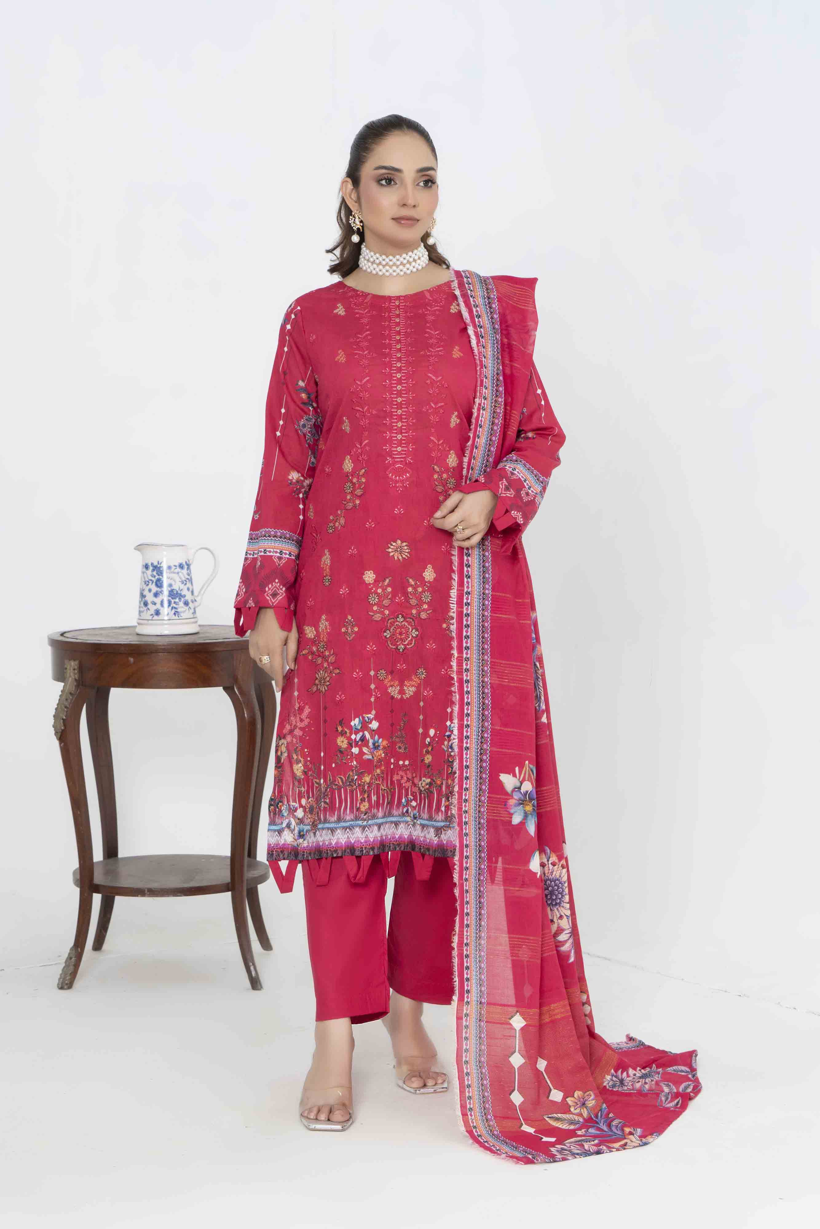 Deep Pink Printed Embroidered 3 Pcs Lawn Set