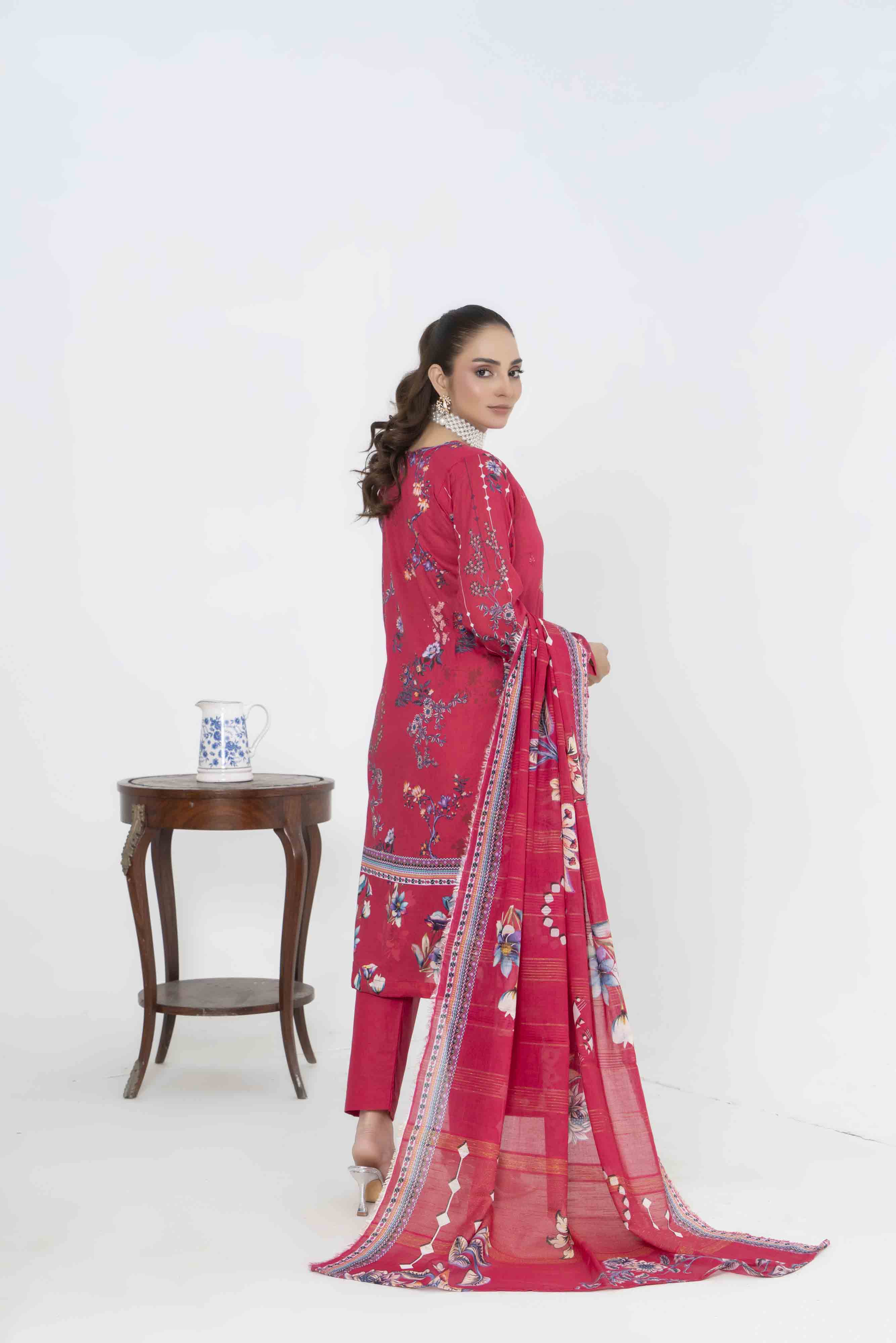 Deep Pink Printed Embroidered 3 Pcs Lawn Set