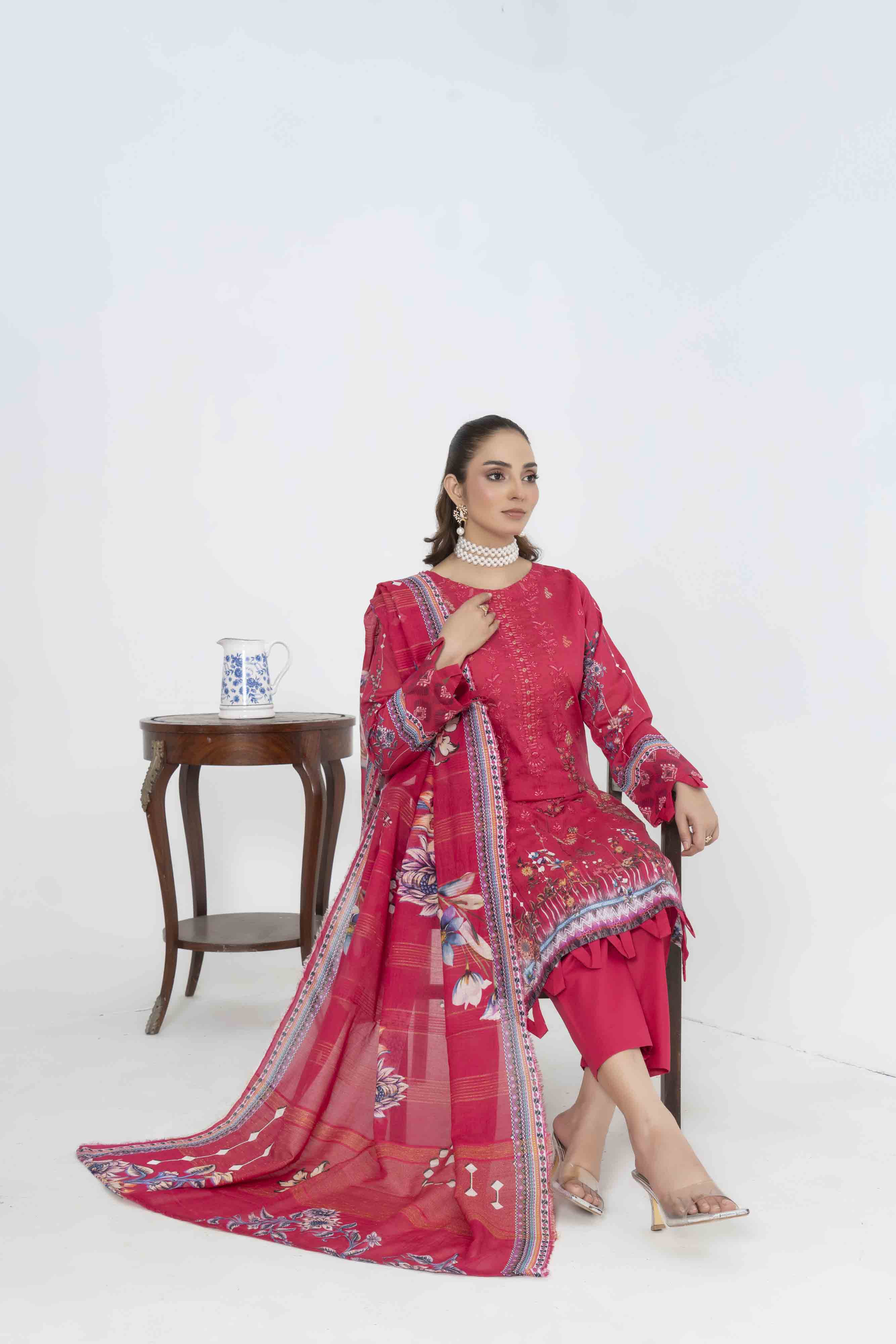 Deep Pink Printed Embroidered 3 Pcs Lawn Set