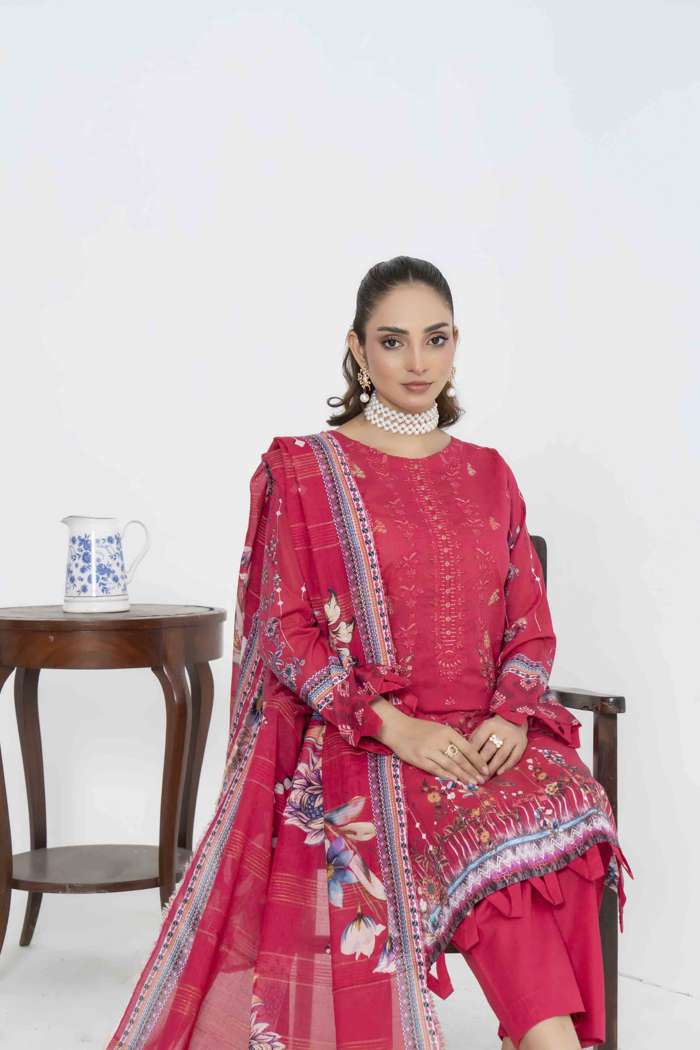 Deep Pink Printed Embroidered 3 Pcs Lawn Set